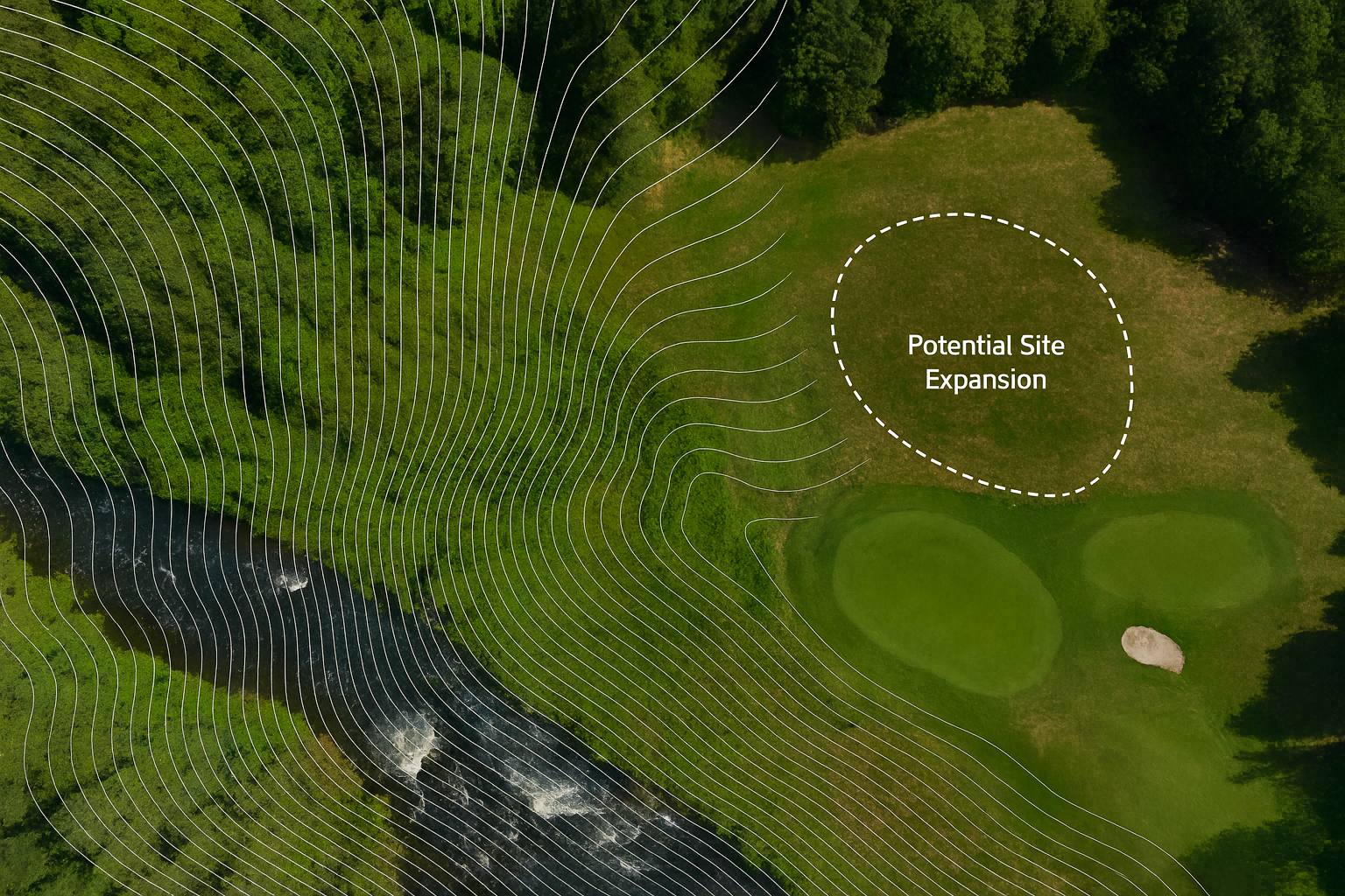 Aerial view of golf course terrain with contour lines showing topography and marked area for potential site expansion