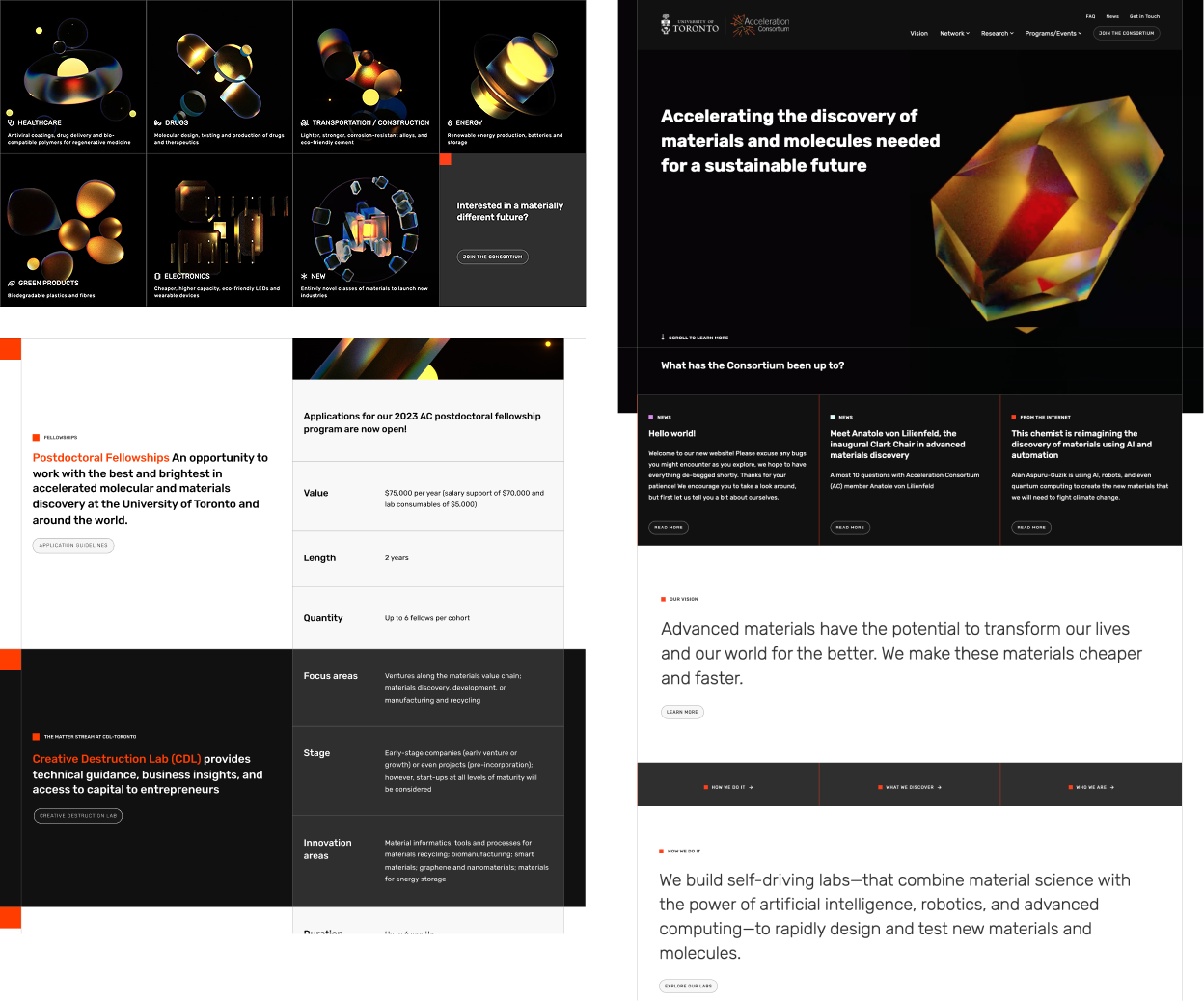 Website design for a materials science consortium featuring colorful abstract molecular graphics, program details, fellowship information, and research updates focused on sustainability.