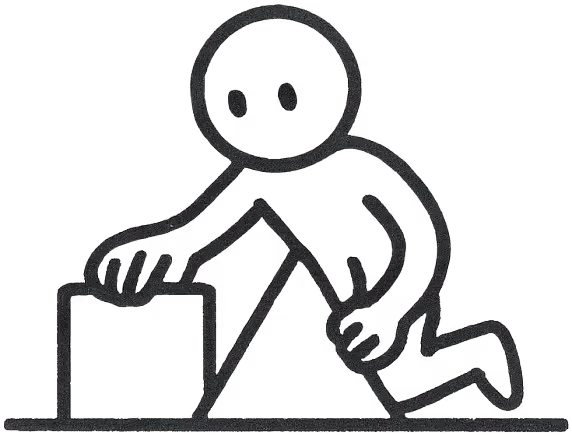 A simple cartoon drawing of a man tinkering with shapes (a square and a triangle)