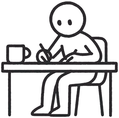 A simple cartoon drawing of a man sitting at a desk writing