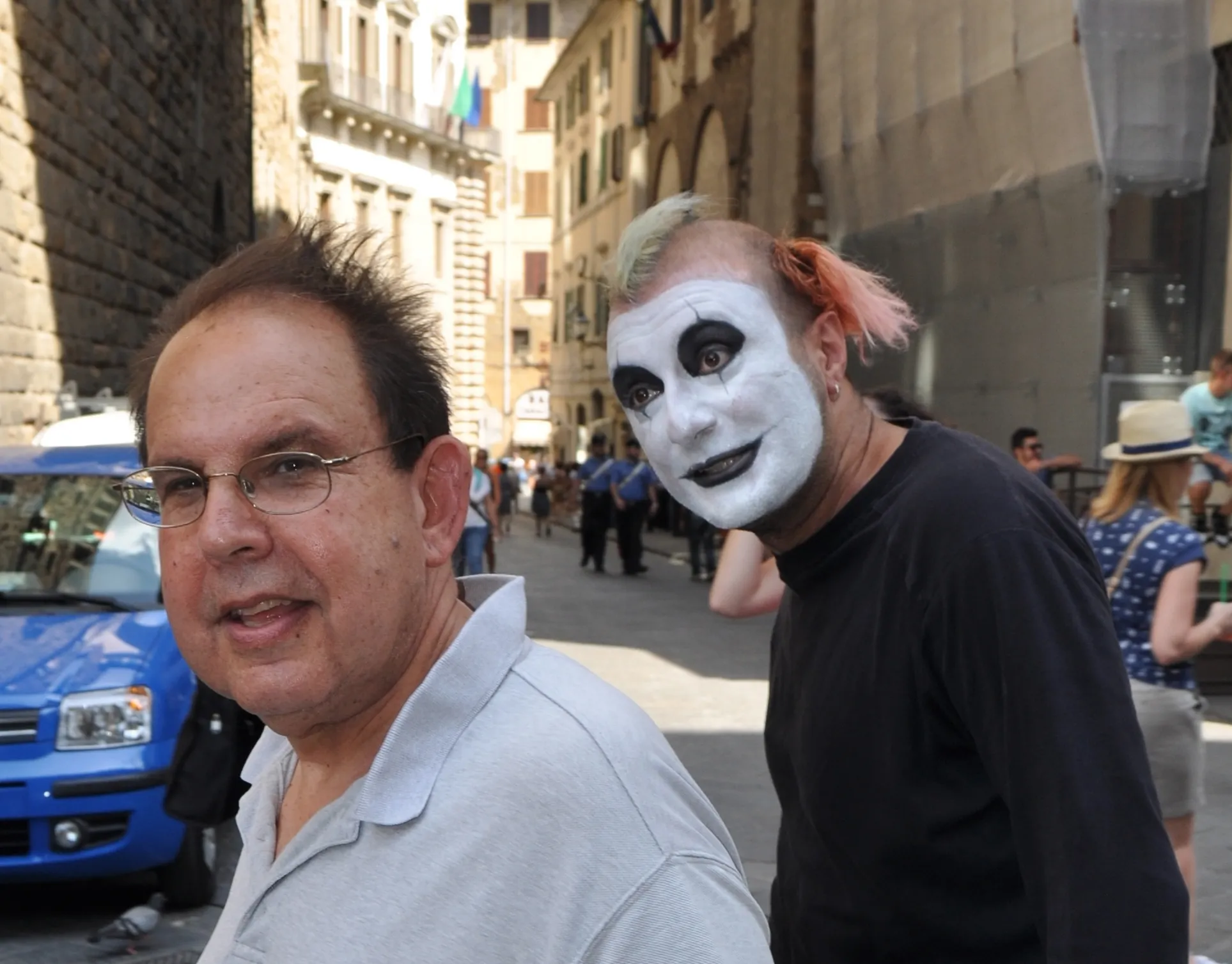 A mime artist near the Uffizi Gallery in Florence, Italy, mocks visitor Edward Goldberg (Photo Lyle Goldberg, 2014)
