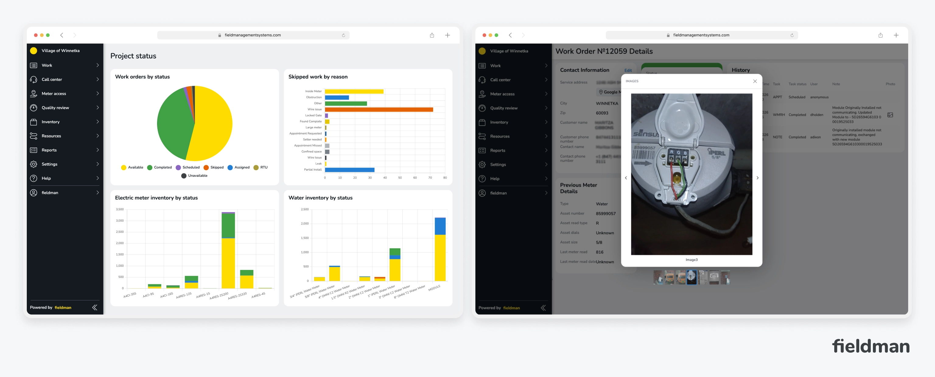 Fieldman project status dashboard with work orders by status, skipped work by reason, and live electric and water meter inventory