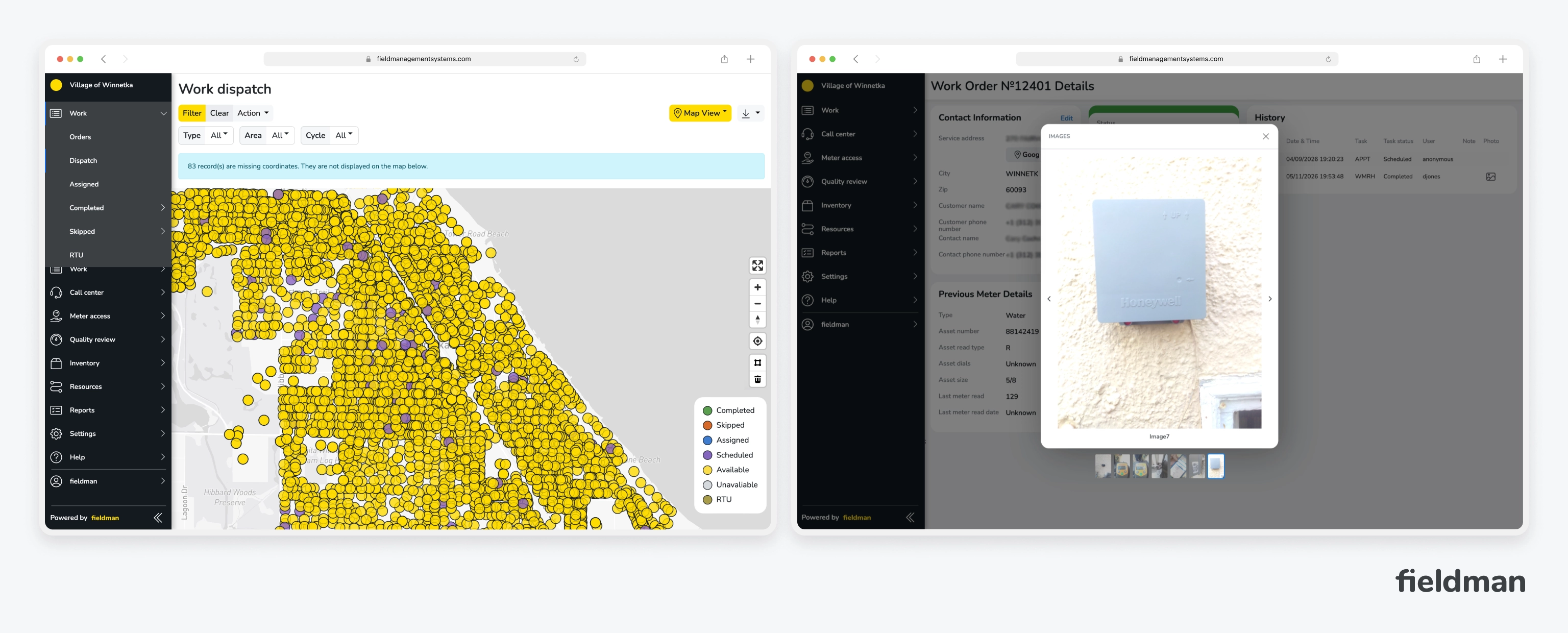 Fieldman work dispatch map showing Winnetka meter work orders by status