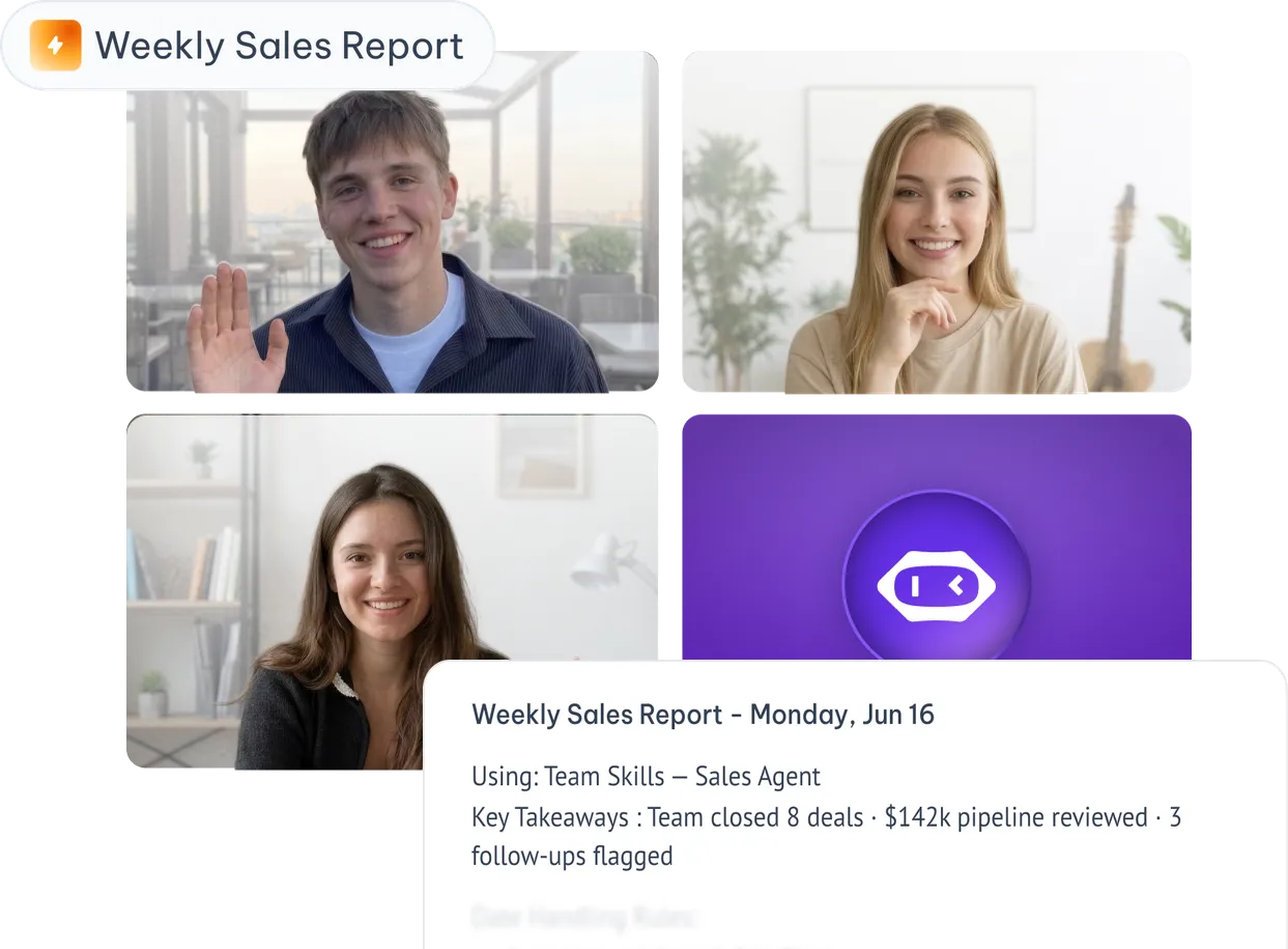 Video call with team members and a Weekly Sales Report generated by MeetGeek Team Skills