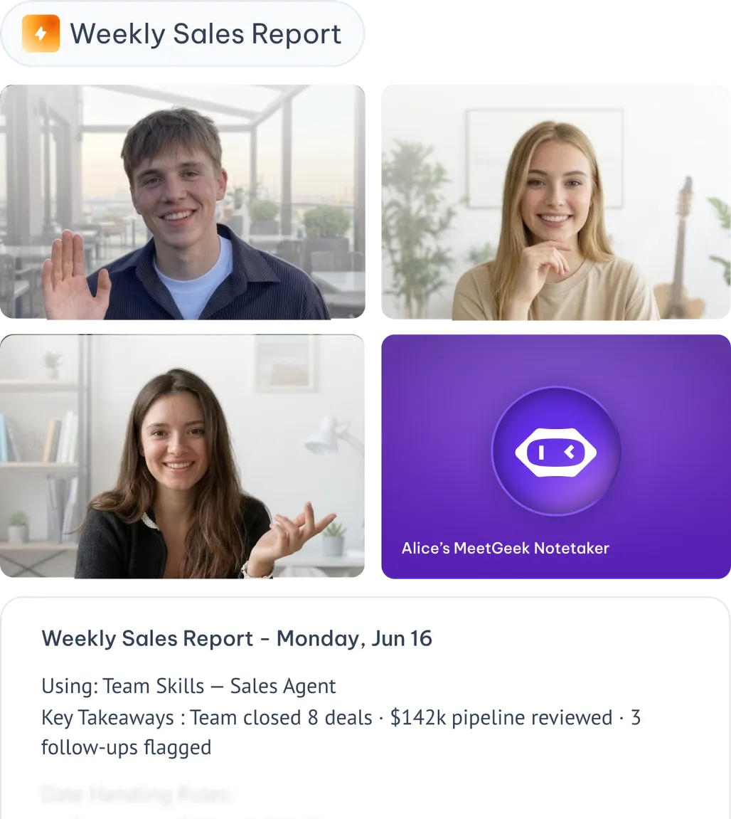 Video call with team members and a Weekly Sales Report generated by MeetGeek Team Skills