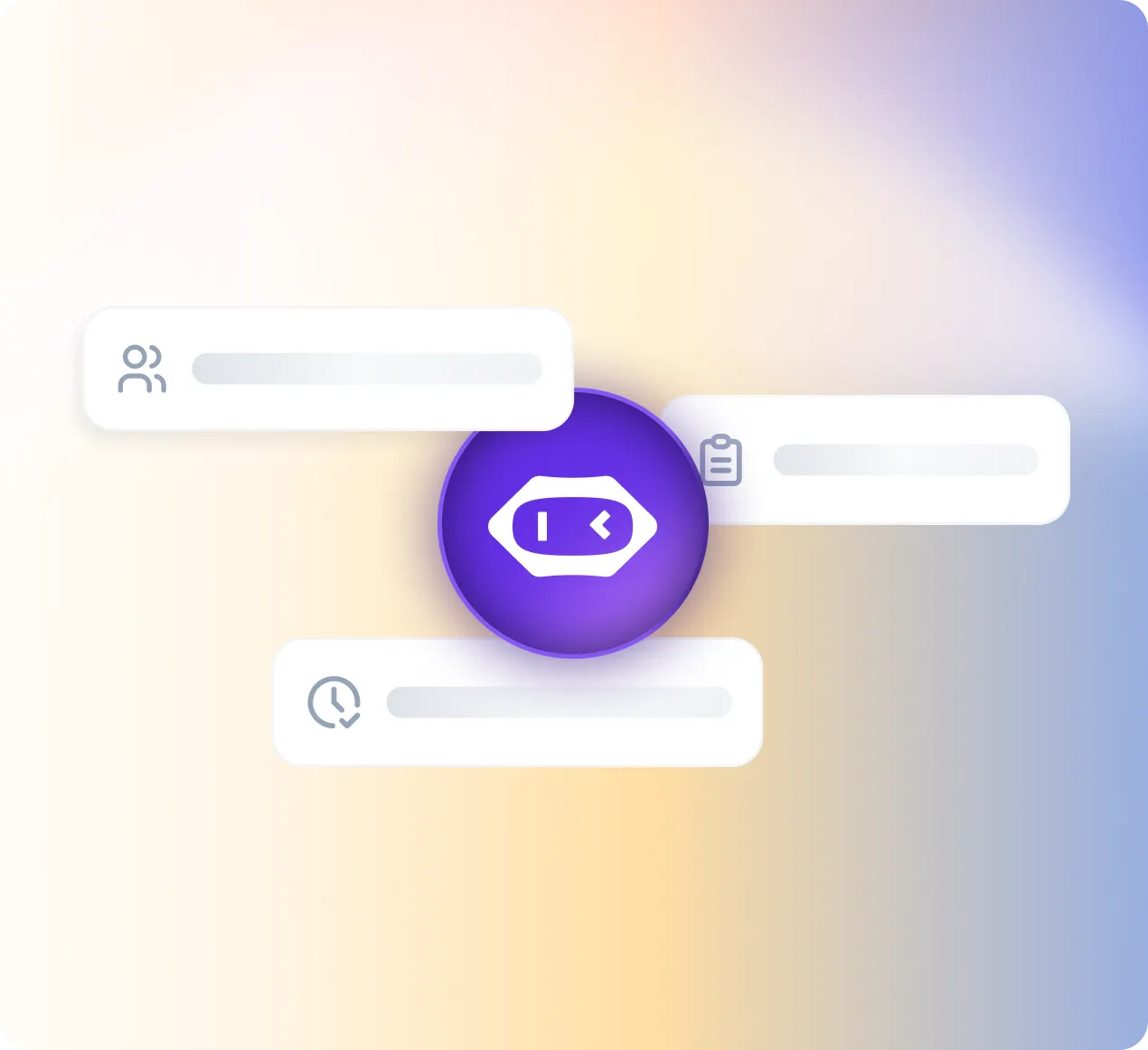 Abstract cards showing participants, action items, and time extracted from the meeting, with the MeetGeek orb at the center