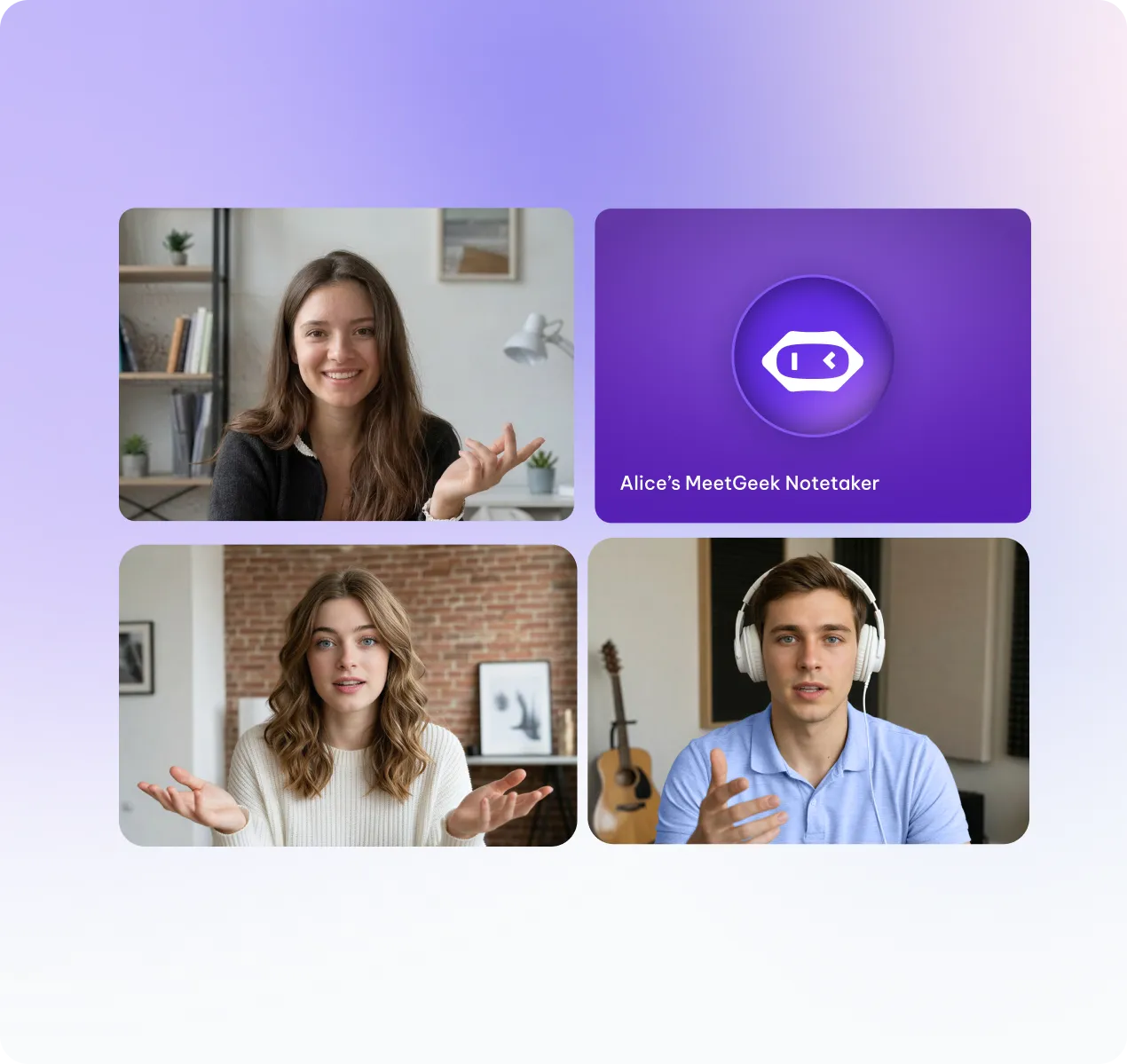 Video call tiles with MeetGeek notetaker joined, showing the Trigger step running automatically every Monday at 8 AM