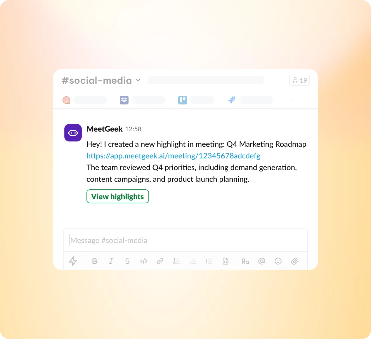 Slack message from MeetGeek posting a meeting highlight in the social-media channel