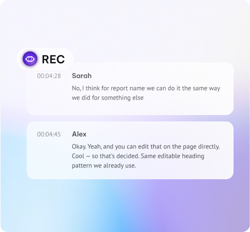 Searchable meeting transcript card showing speaker-labelled conversation