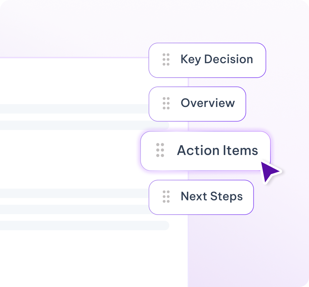 Action items card showing key decisions, overview, and next steps labels