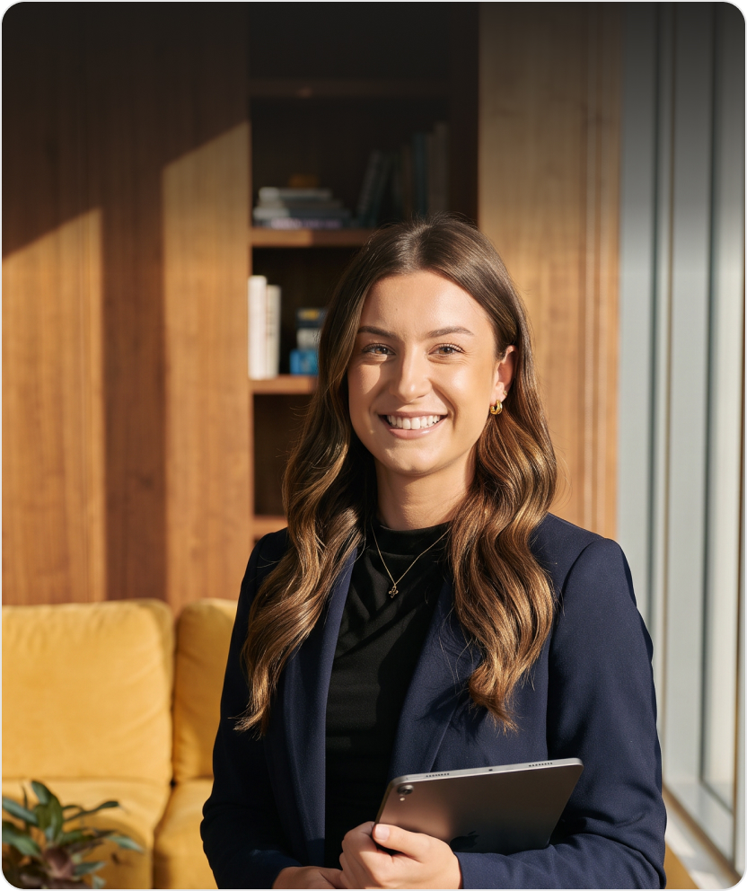 Sales rep smiling while holding a tablet
