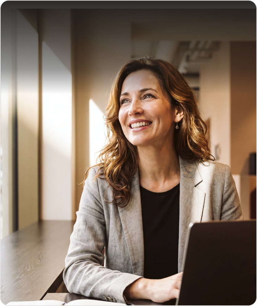 Founder and executive smiling in a modern office