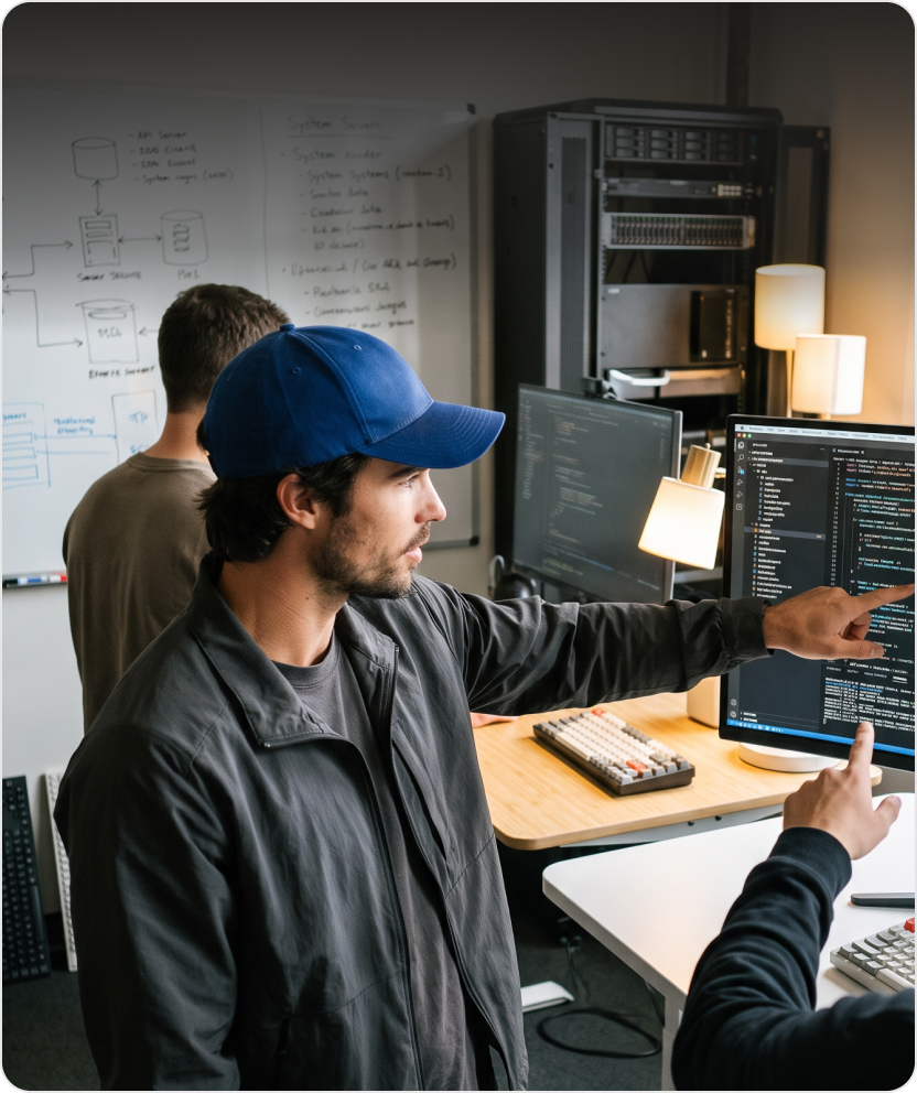 Developer discussing a technical diagram on a whiteboard