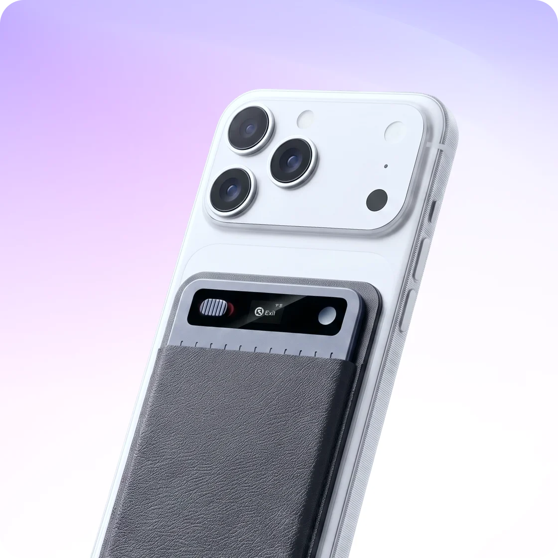 MeetGeek Wave recorder attached to the back of a phone, mode switch and status display visible