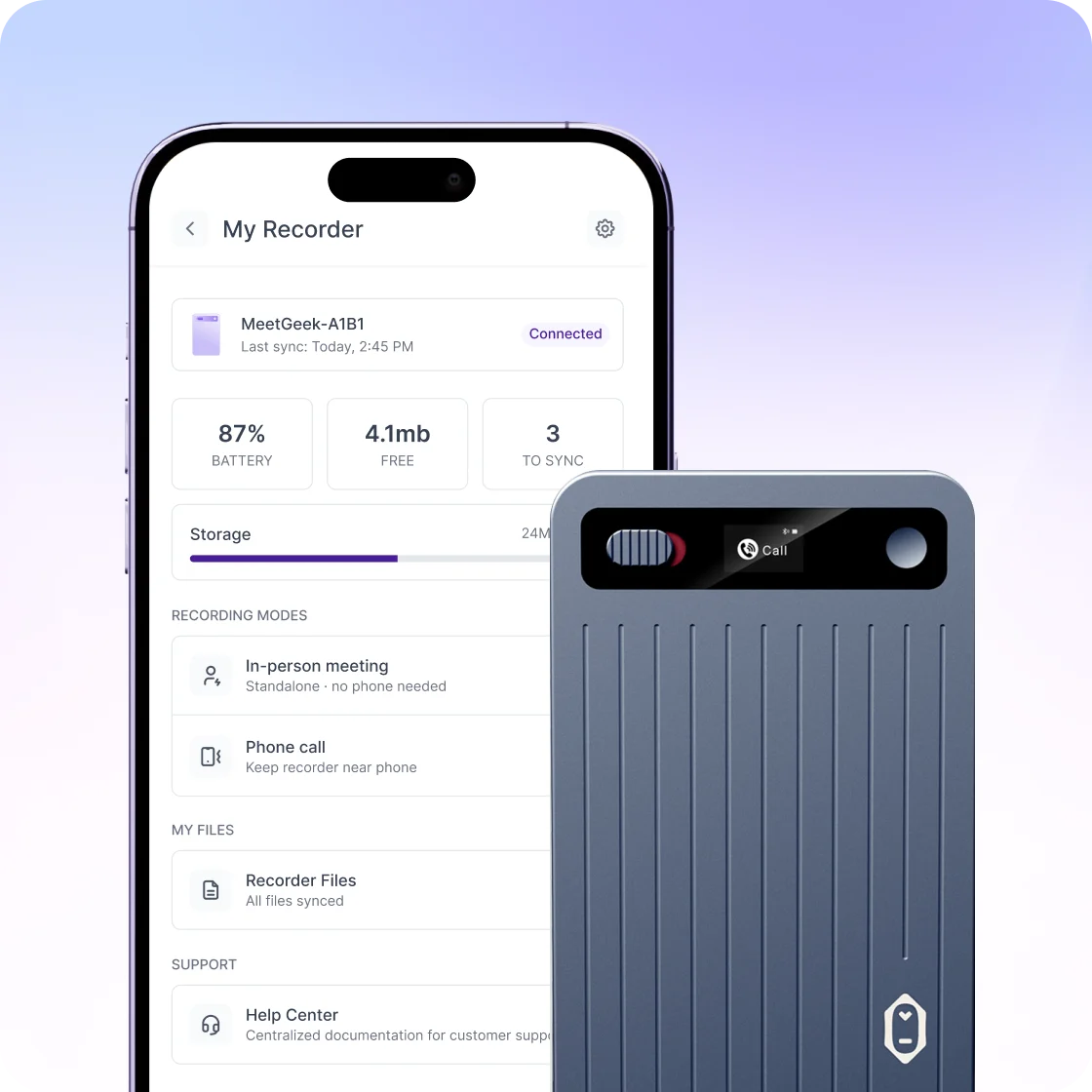 My Recorder screen in the MeetGeek app showing the Wave connected, battery, storage and files syncing
