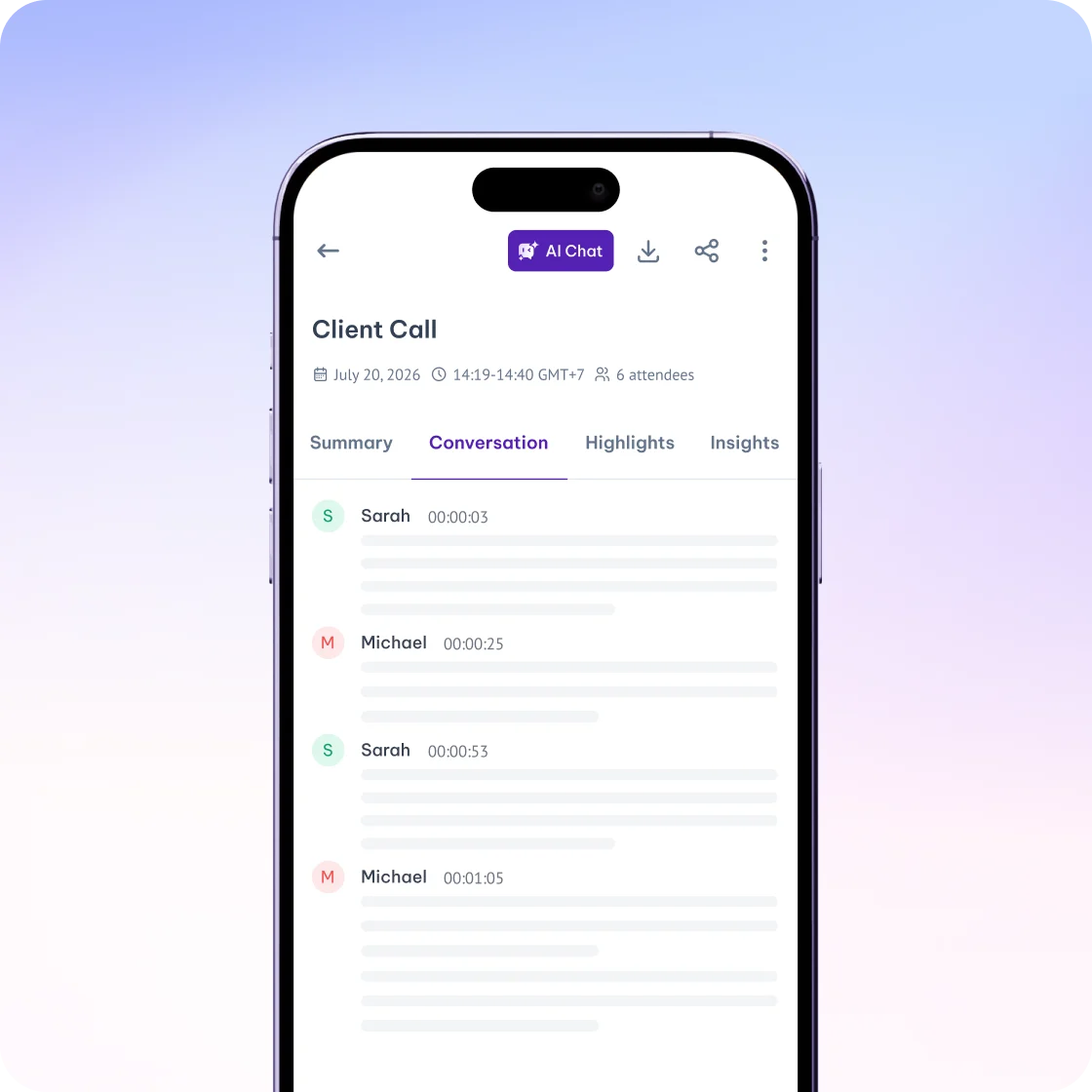 Client Call recording in the MeetGeek app with the transcribed conversation and speaker timestamps