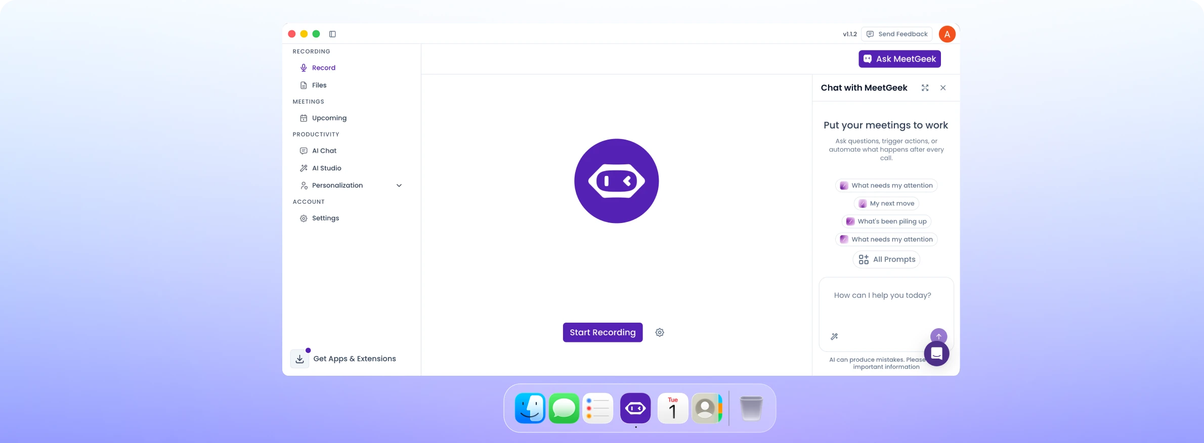 MeetGeek Desktop App home screen with the Chat with MeetGeek panel open