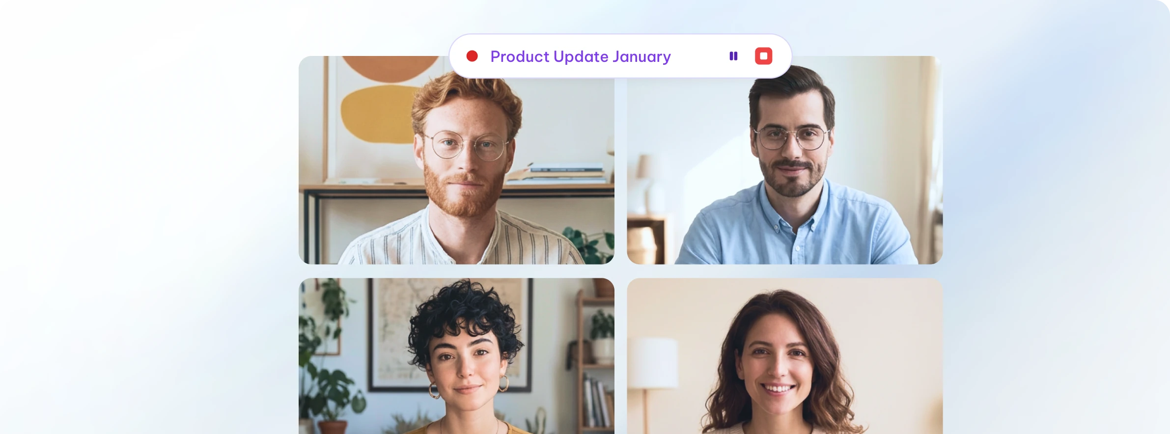 Video call grid with a floating Product Update January recording notification