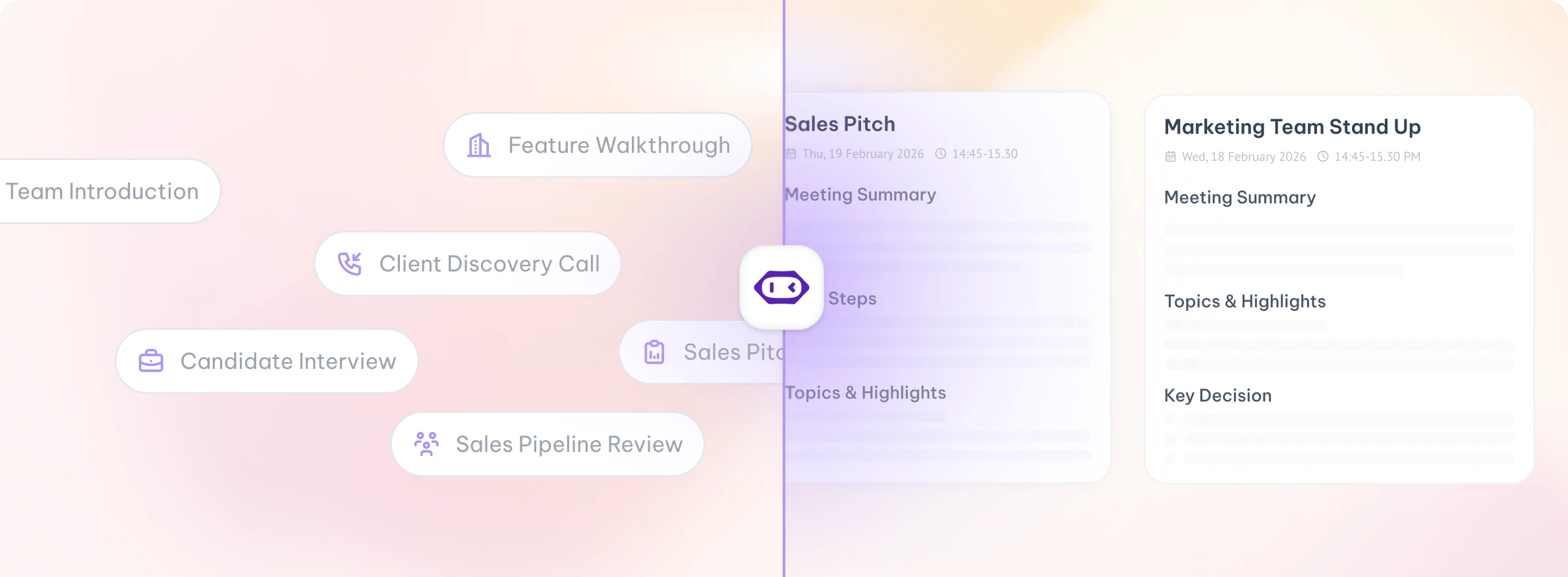 Meeting name pills transitioning into organized meeting summary cards