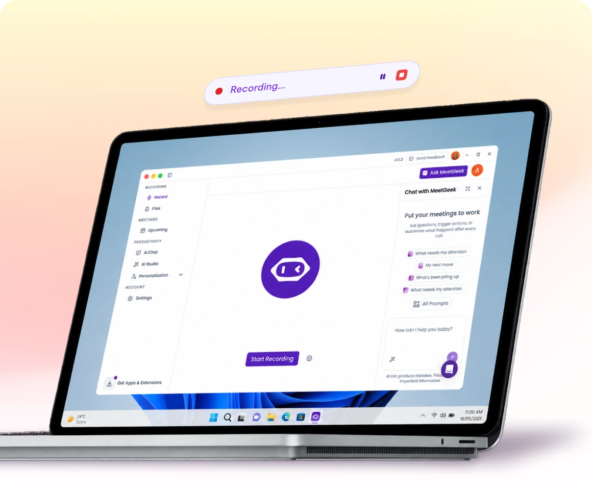 MeetGeek desktop app recording a meeting with a floating recording notification