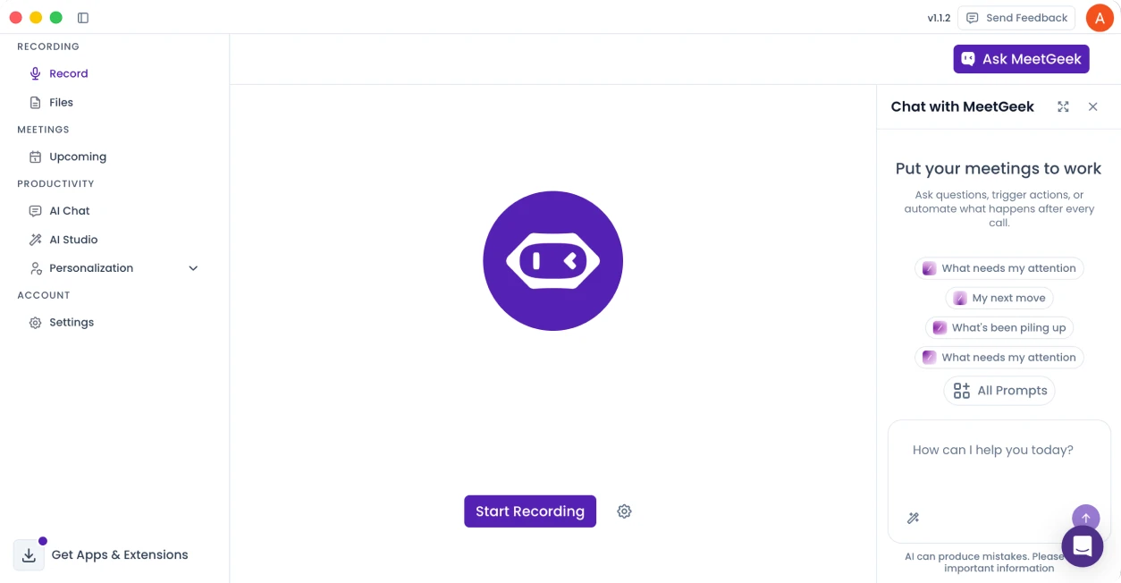 MeetGeek Desktop App recording a live meeting with the AI chat assistant open