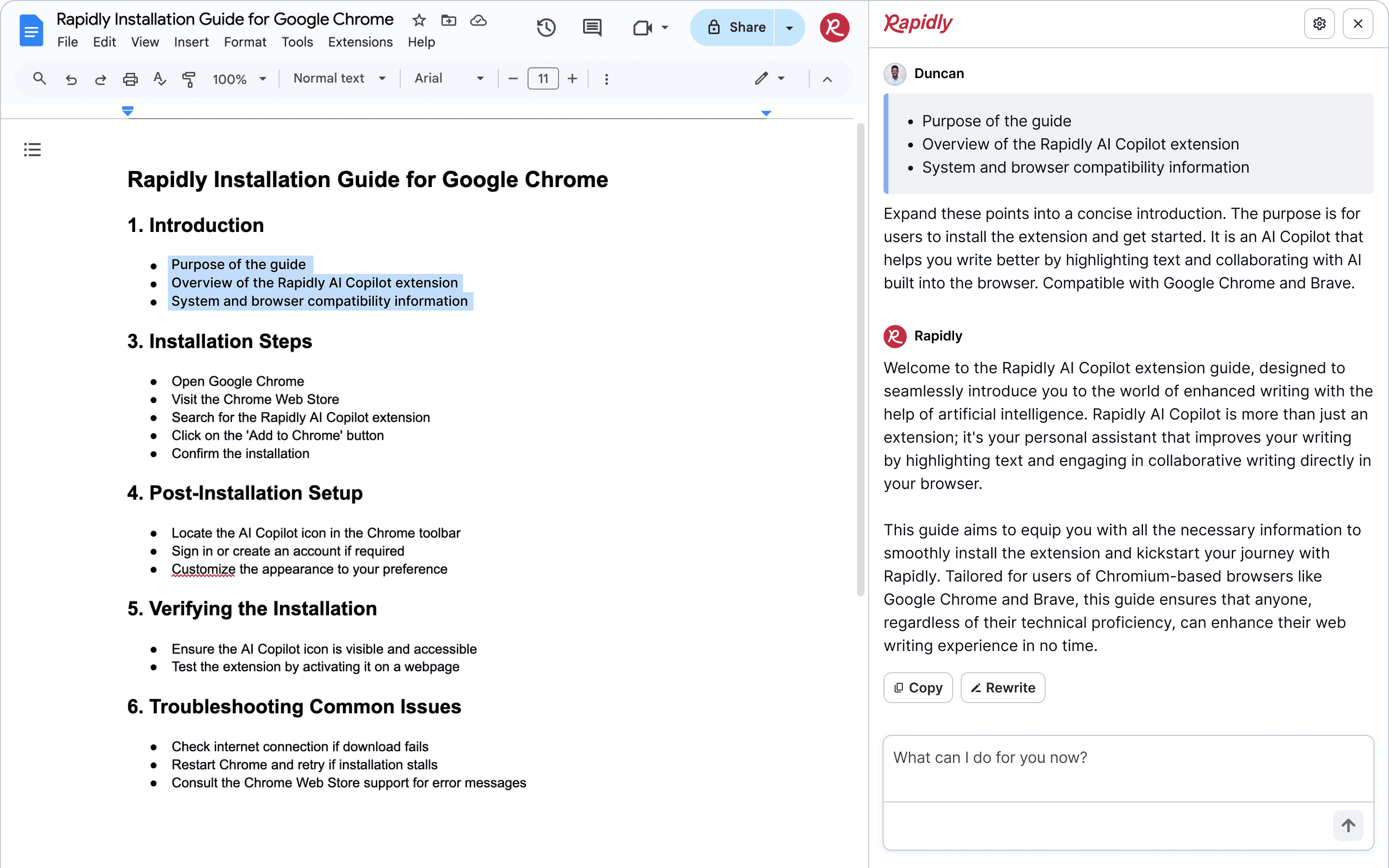 The Rapidly browser extension showing paraphrasing suggestions on a Google Document