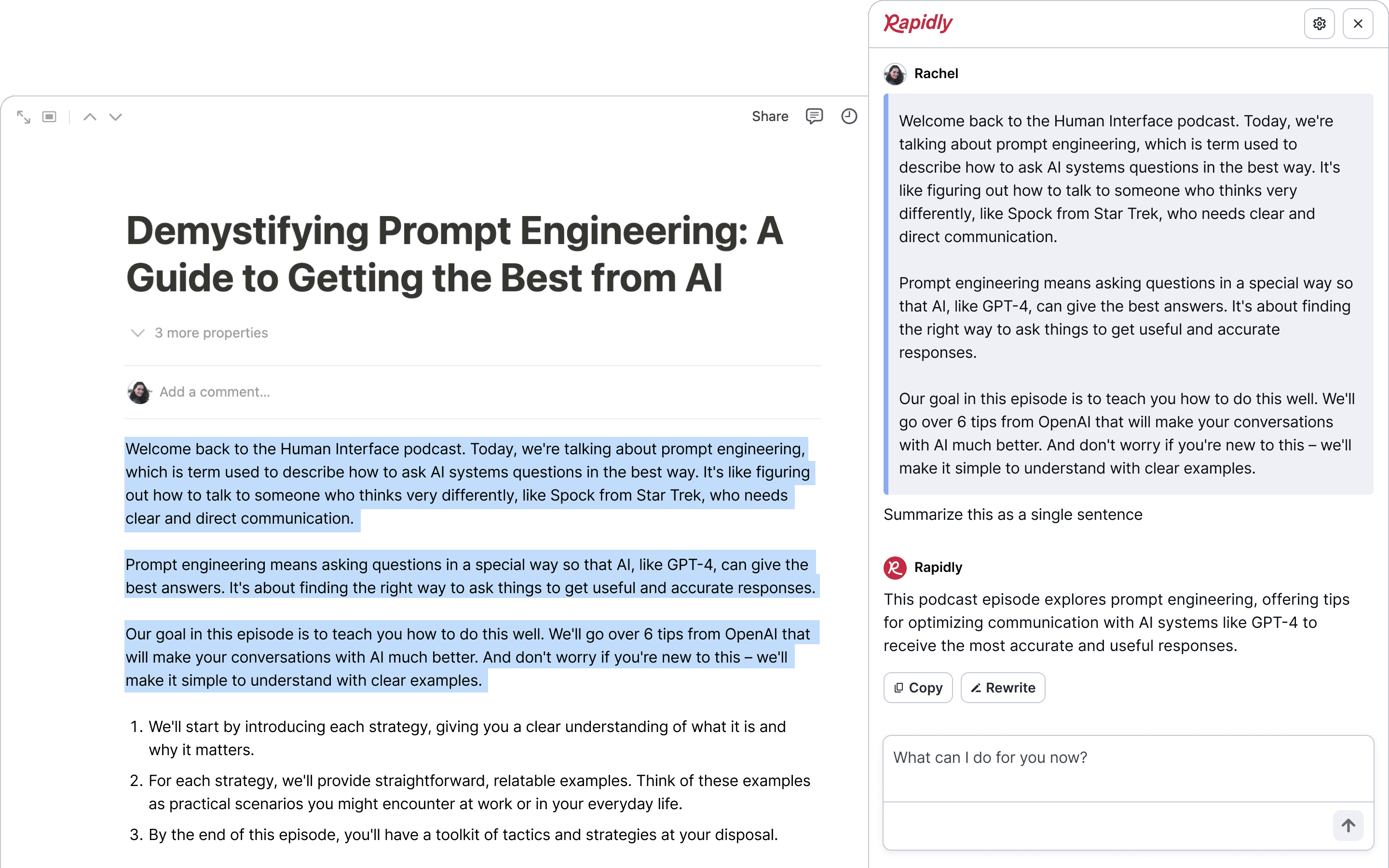 The Rapidly browser extension showing paraphrasing suggestions on a Google Document