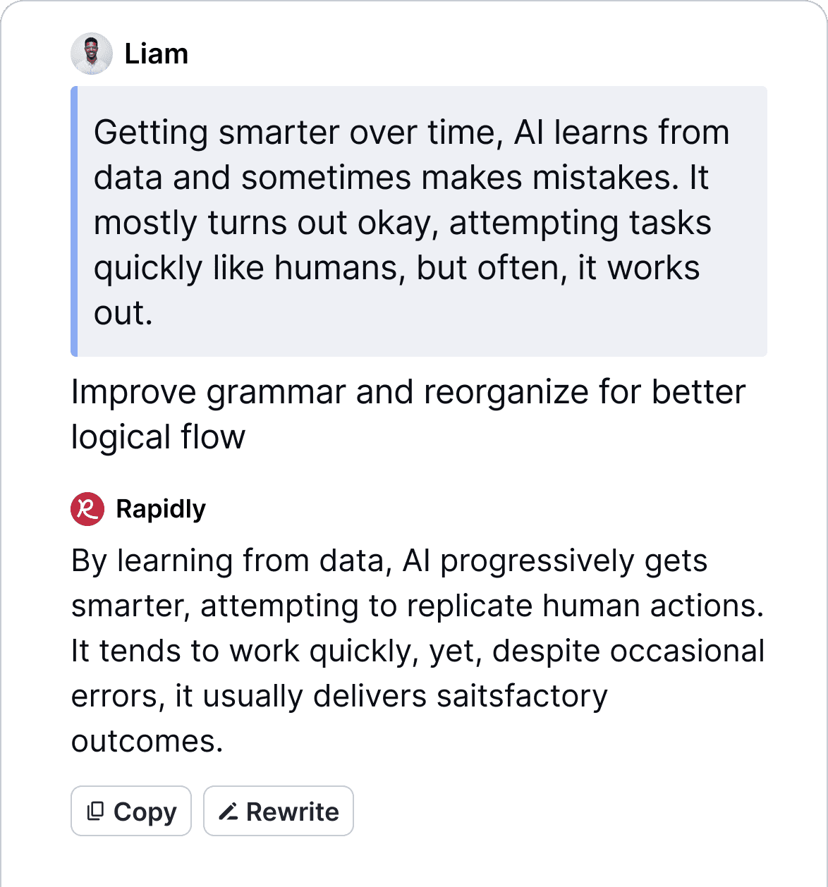 Chat UI screenshot showing a typed message from a user and an edited response provided by Rapidly, the AI Copilot.