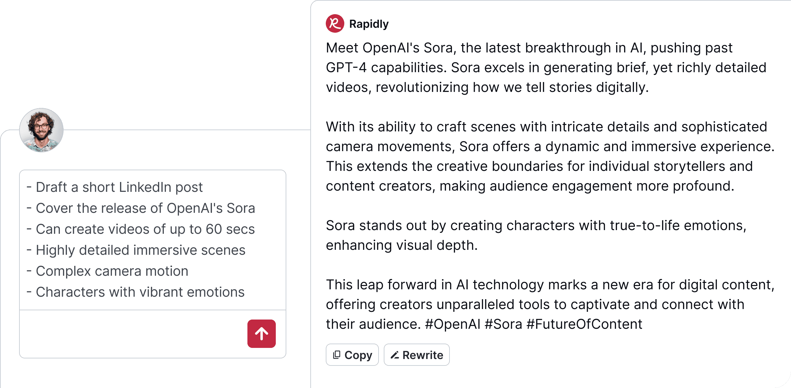 Screenshot showing a user interface with a prompt entered in a text area on the left side, and Rapidly generating a LinkedIn post based on the prompt on the right side.