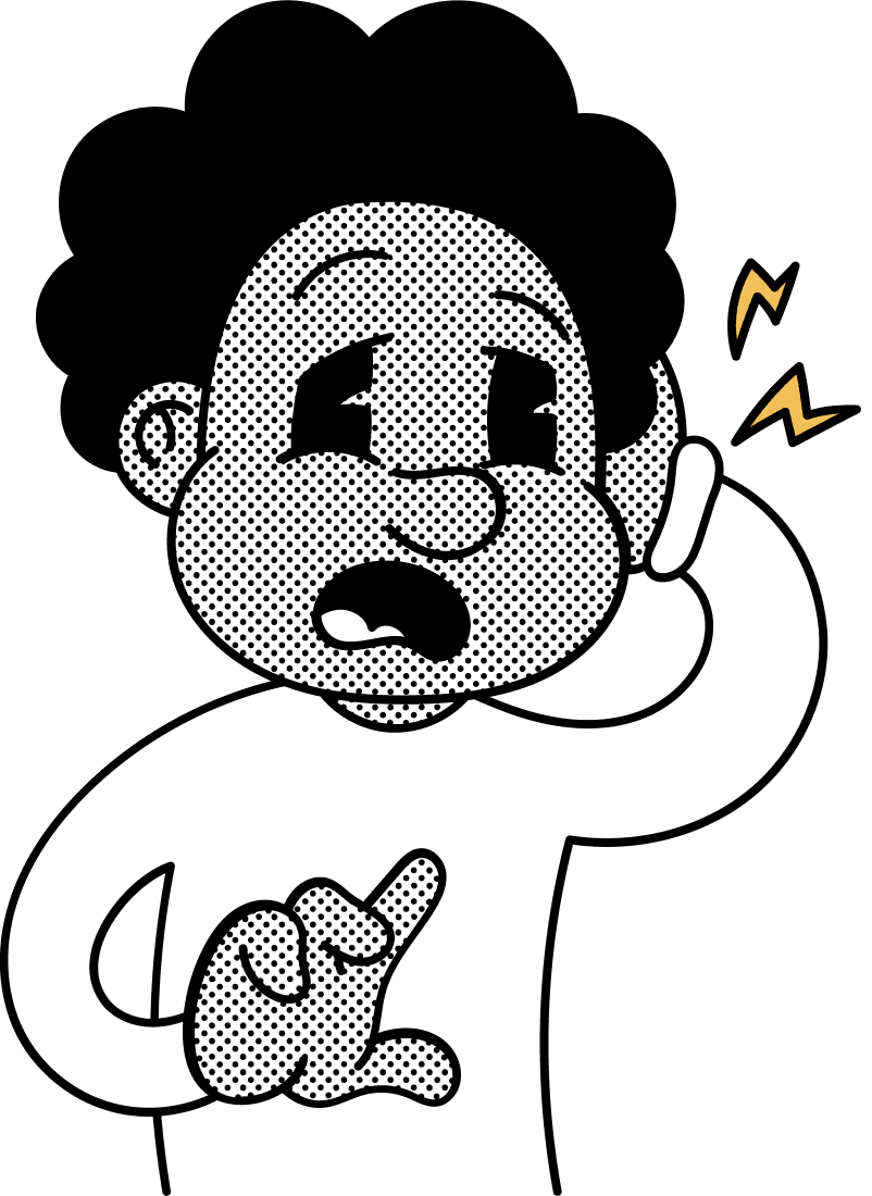 Person with curly hair holding their hand to their ear and looking confused, suggesting drained mental energy.