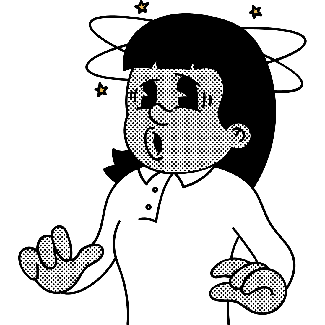 Image of a person with long hair looking dizzy with swirling lines around their head.