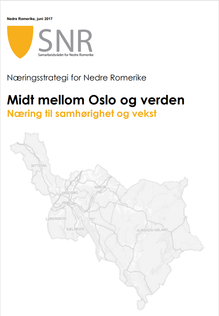 Forside med kart over Nedre Romerike og tittelen på næringsstrategien