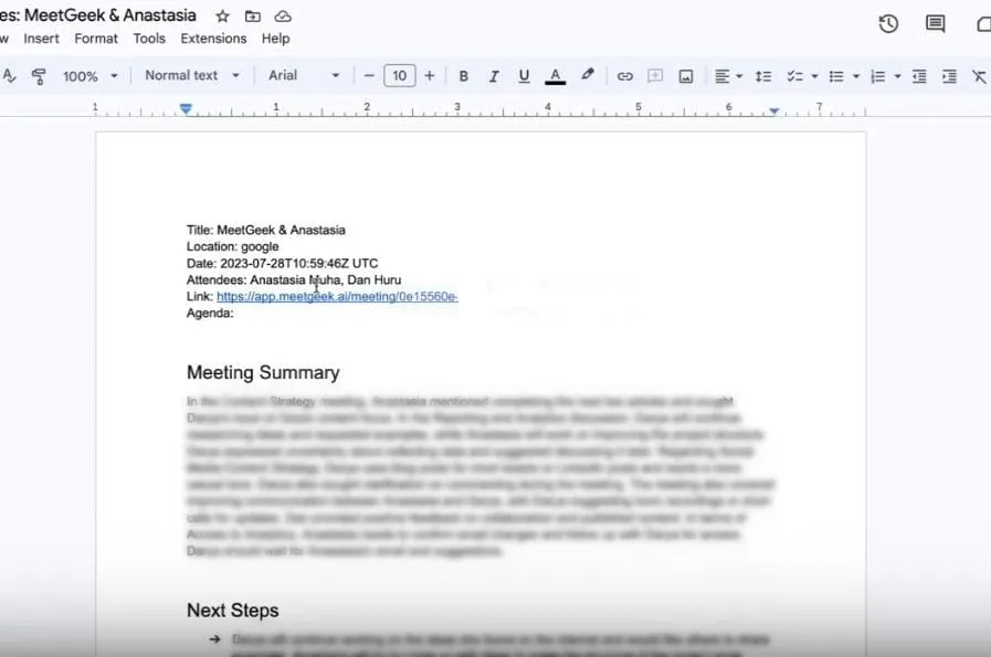 Google Docs of meeting summary for meeting between MeetGeek and Anastasia