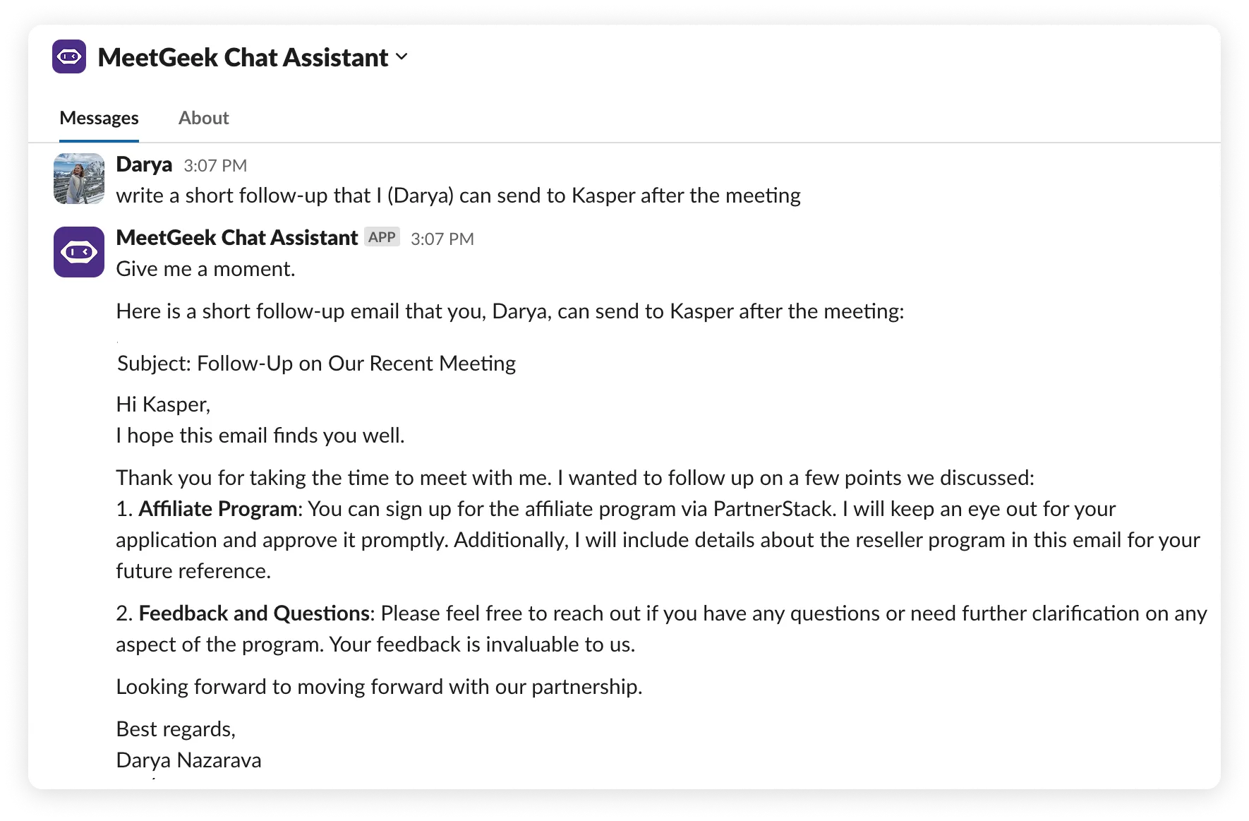 escreva e-mails de acompanhamento com o bot do Slack