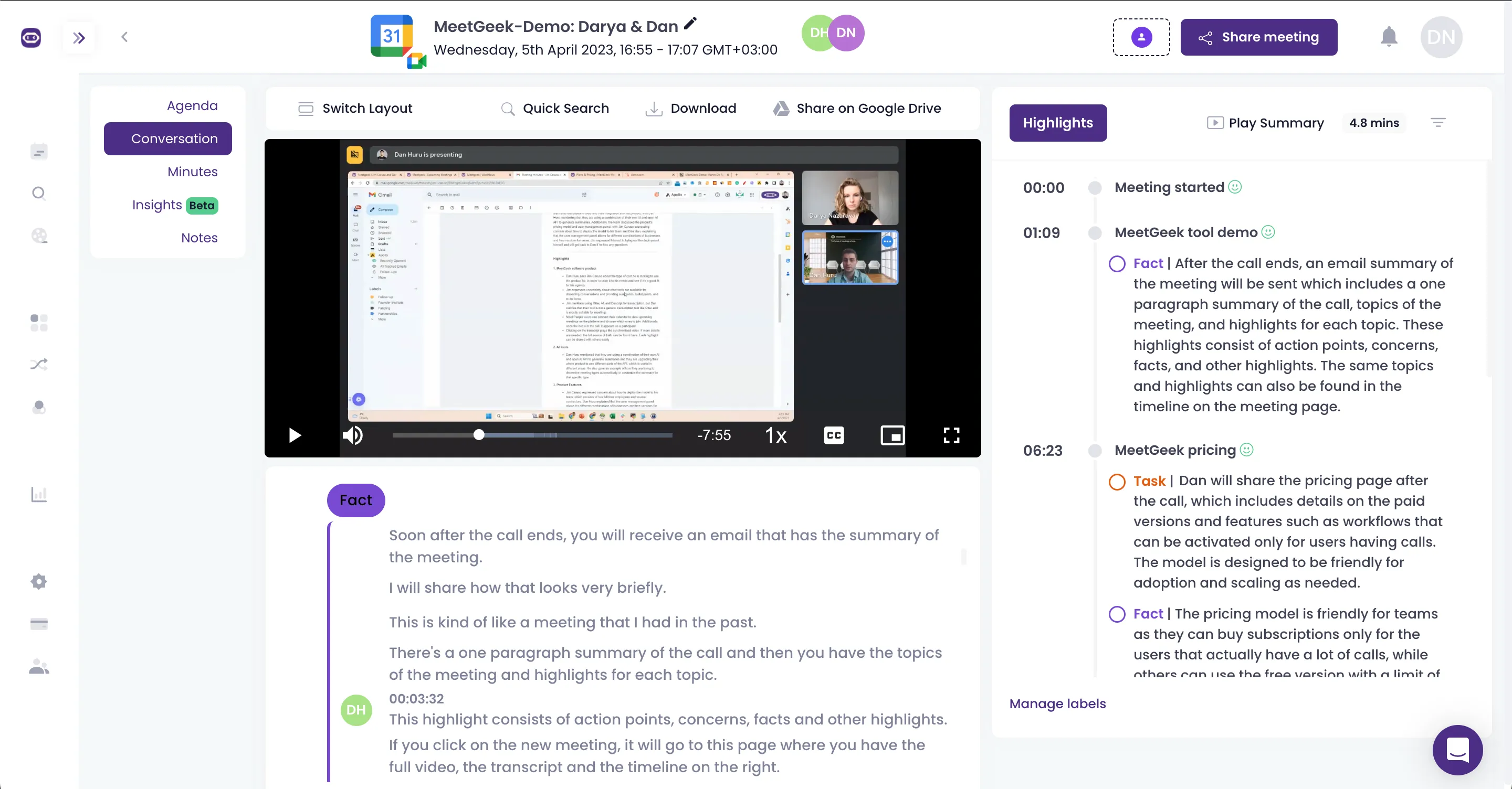 screen shared and two people during sales call with the transcription of their conversation