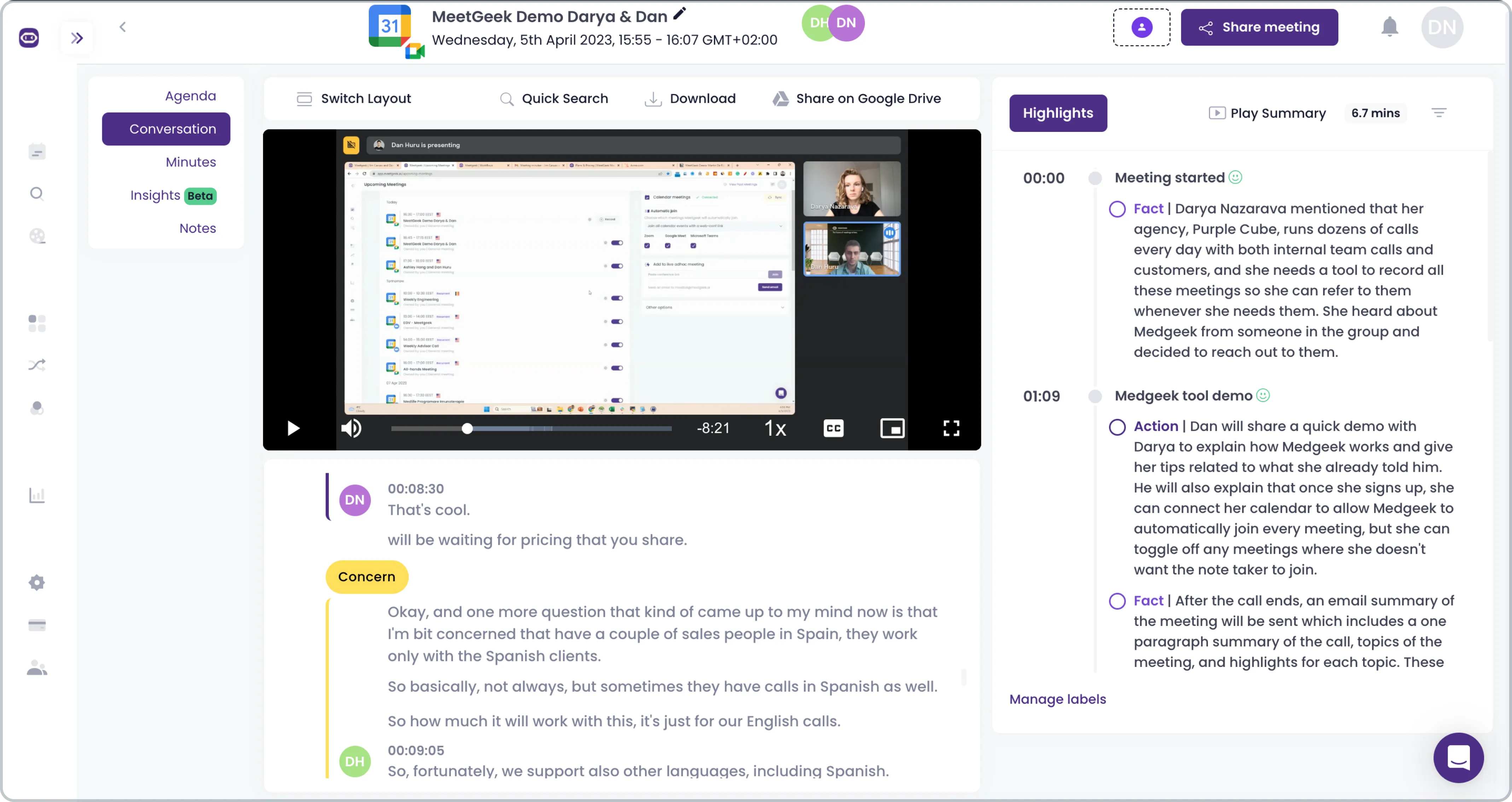 meetgeek transcription view