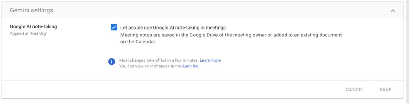 A screenshot of the admin configuration screen to enable or disable note taking.