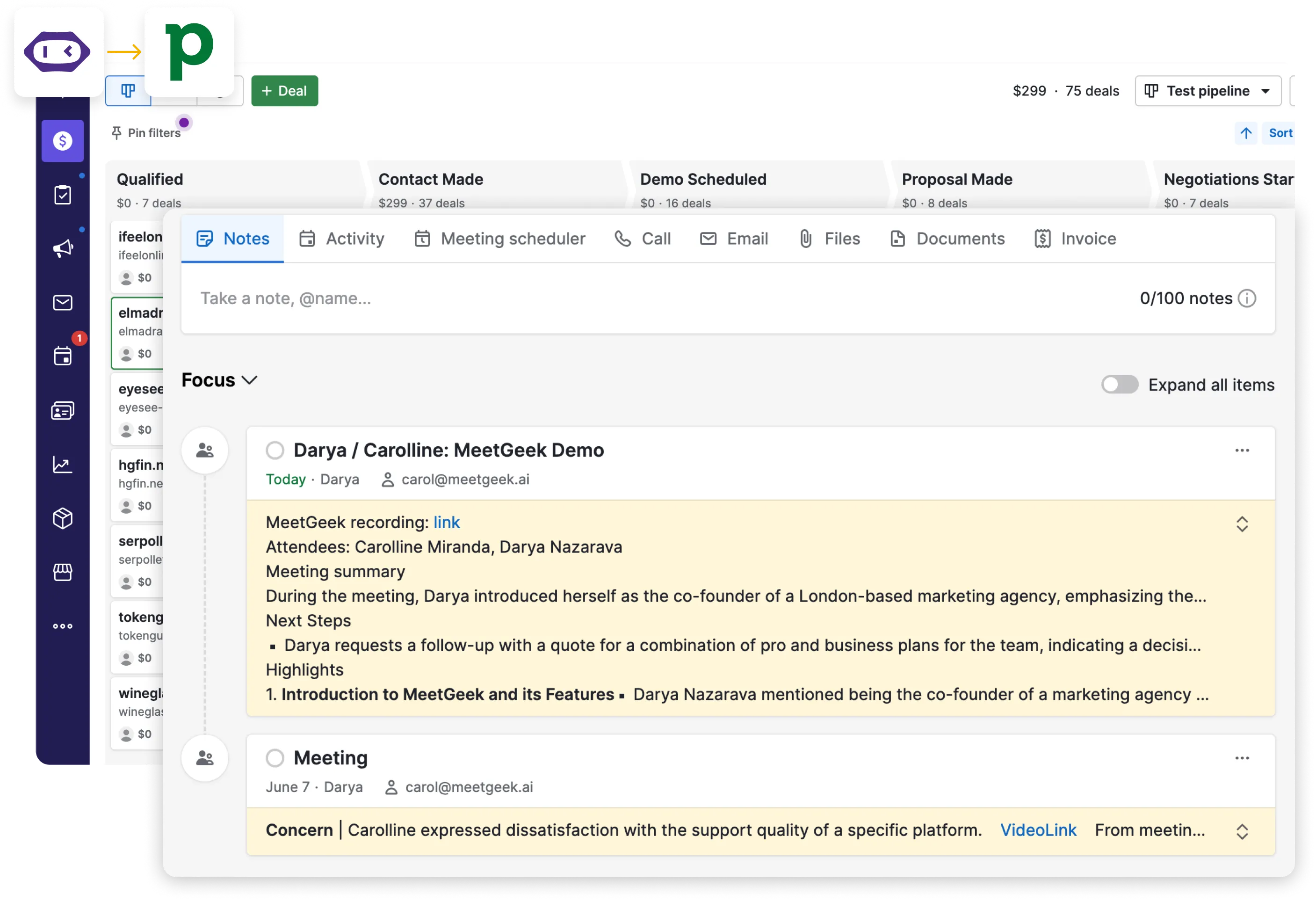 meeting notes in pipedrive crm