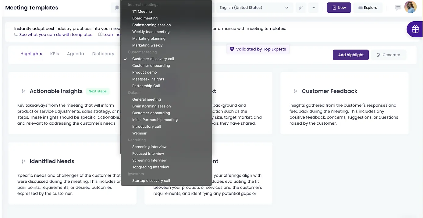 MeetGeek's templates feature