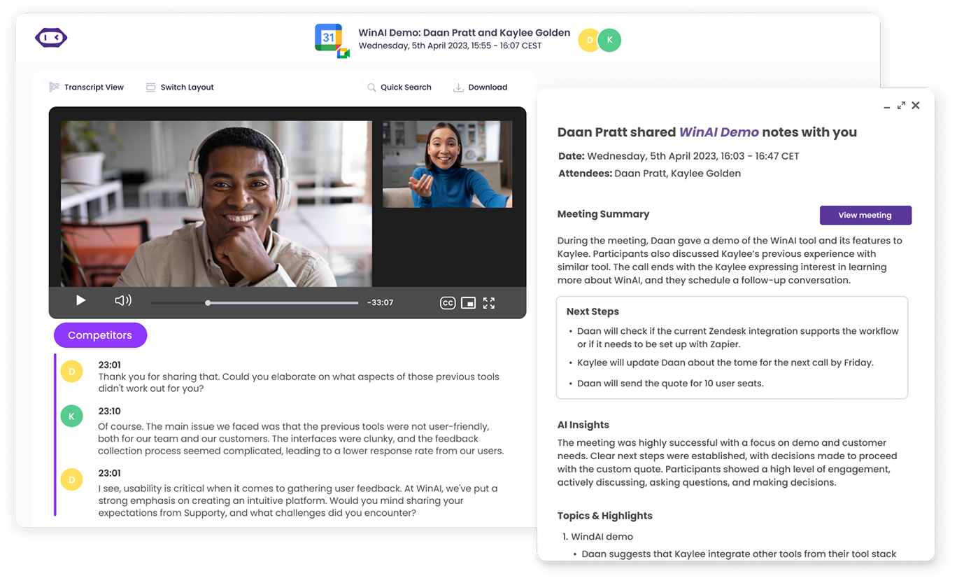 Use MeetGeek to automatically record, transcribe, and summarize every meeting and interview