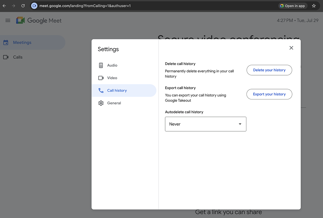 how to export google meet history