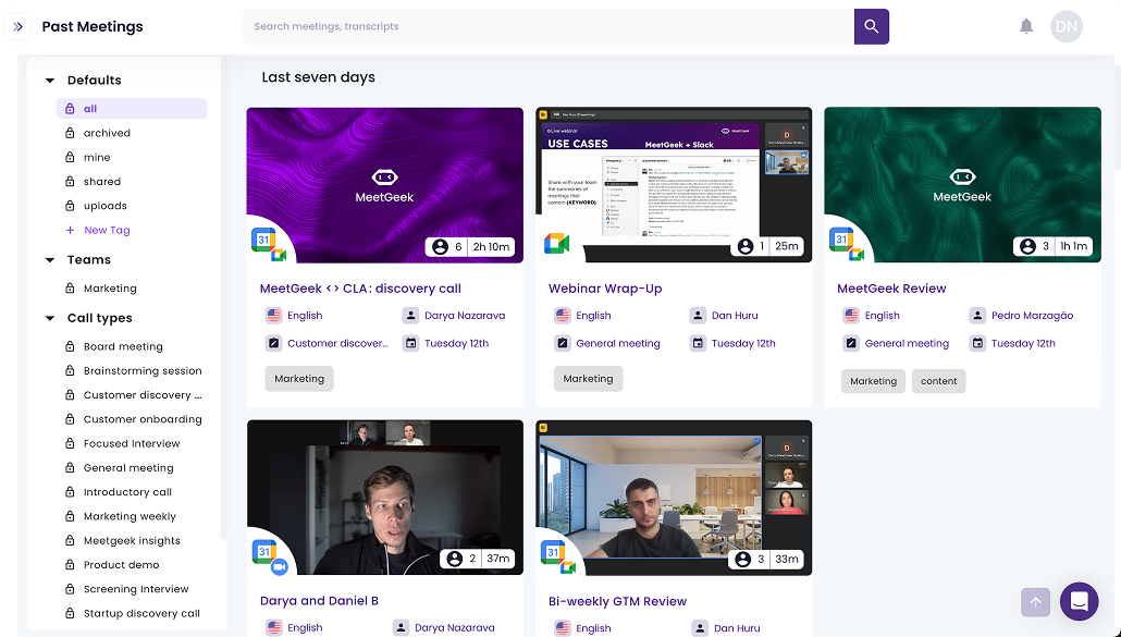 meetgeek allows search meeting history 
