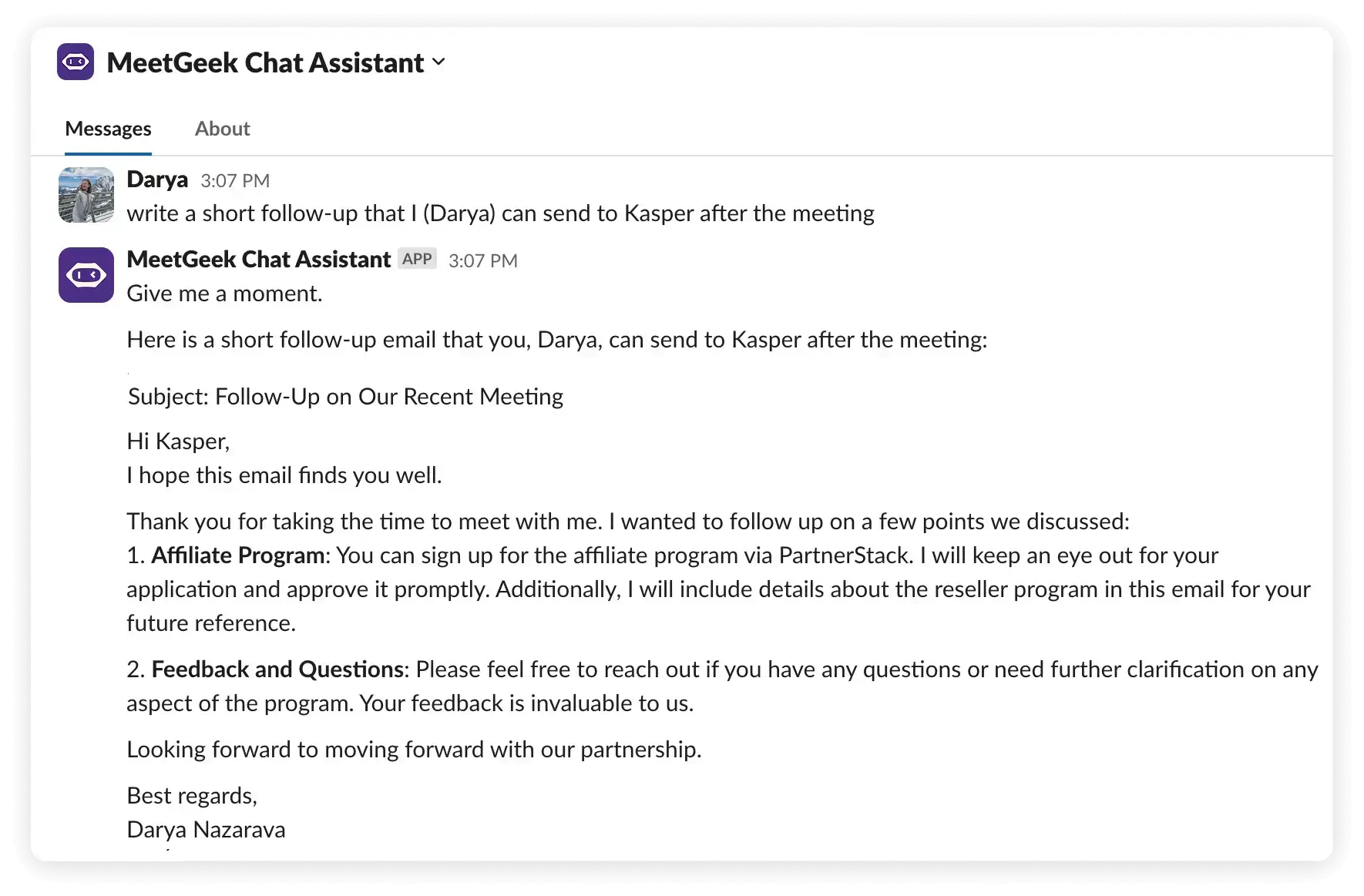 write follow-up emails with slack bot