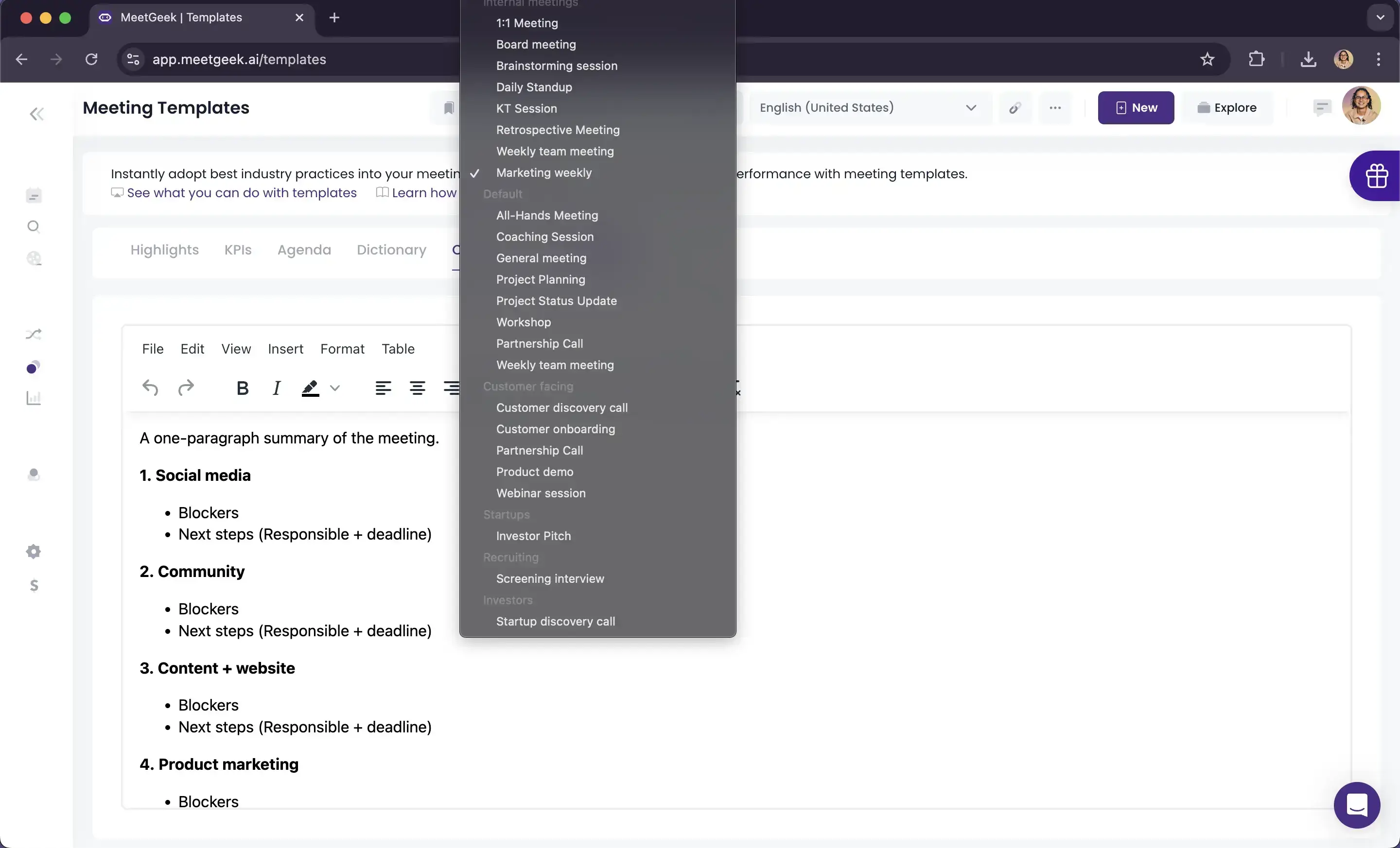 meeting template library