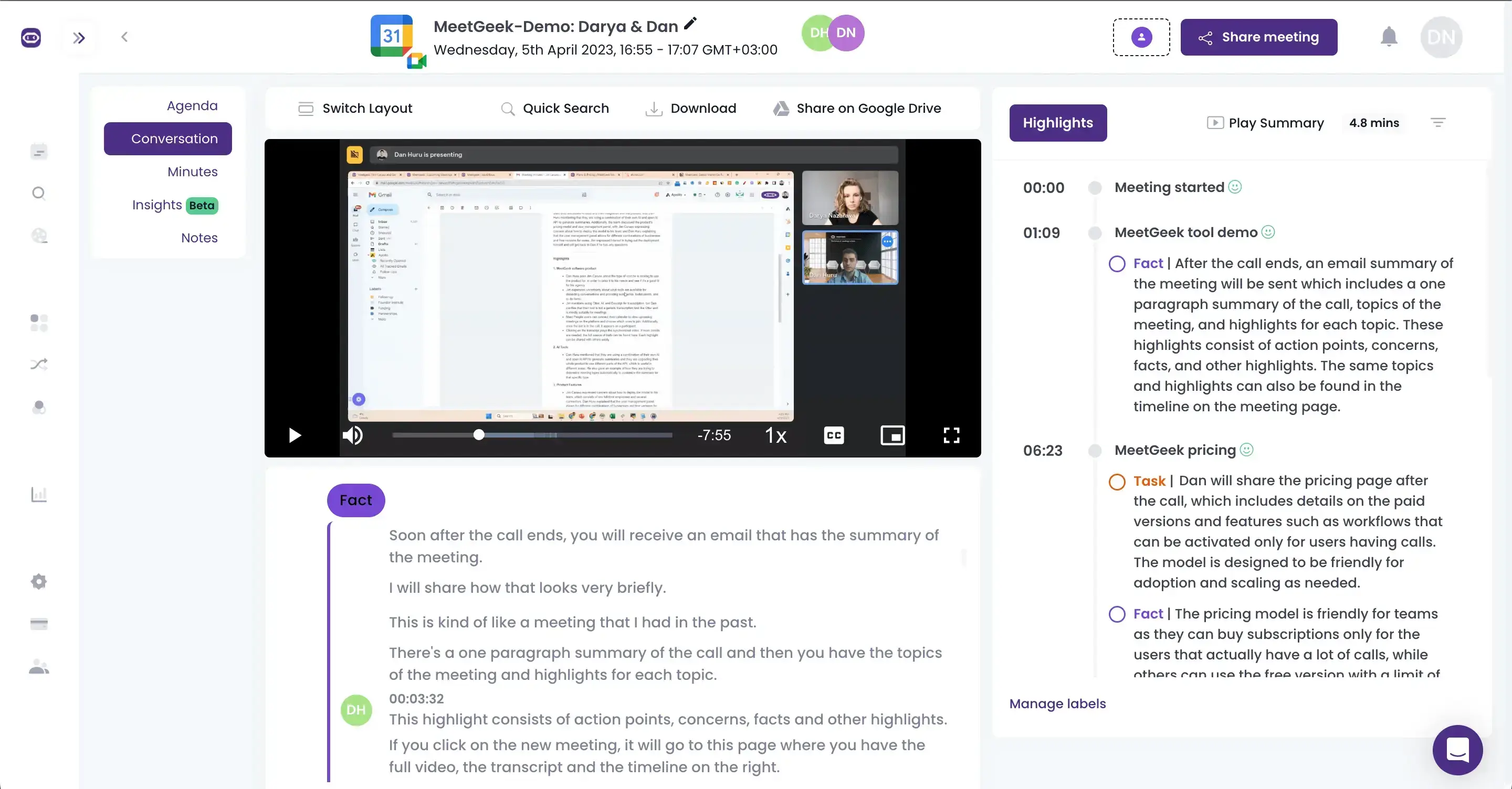 screen shared and two people during sales call with the transcription of their conversation