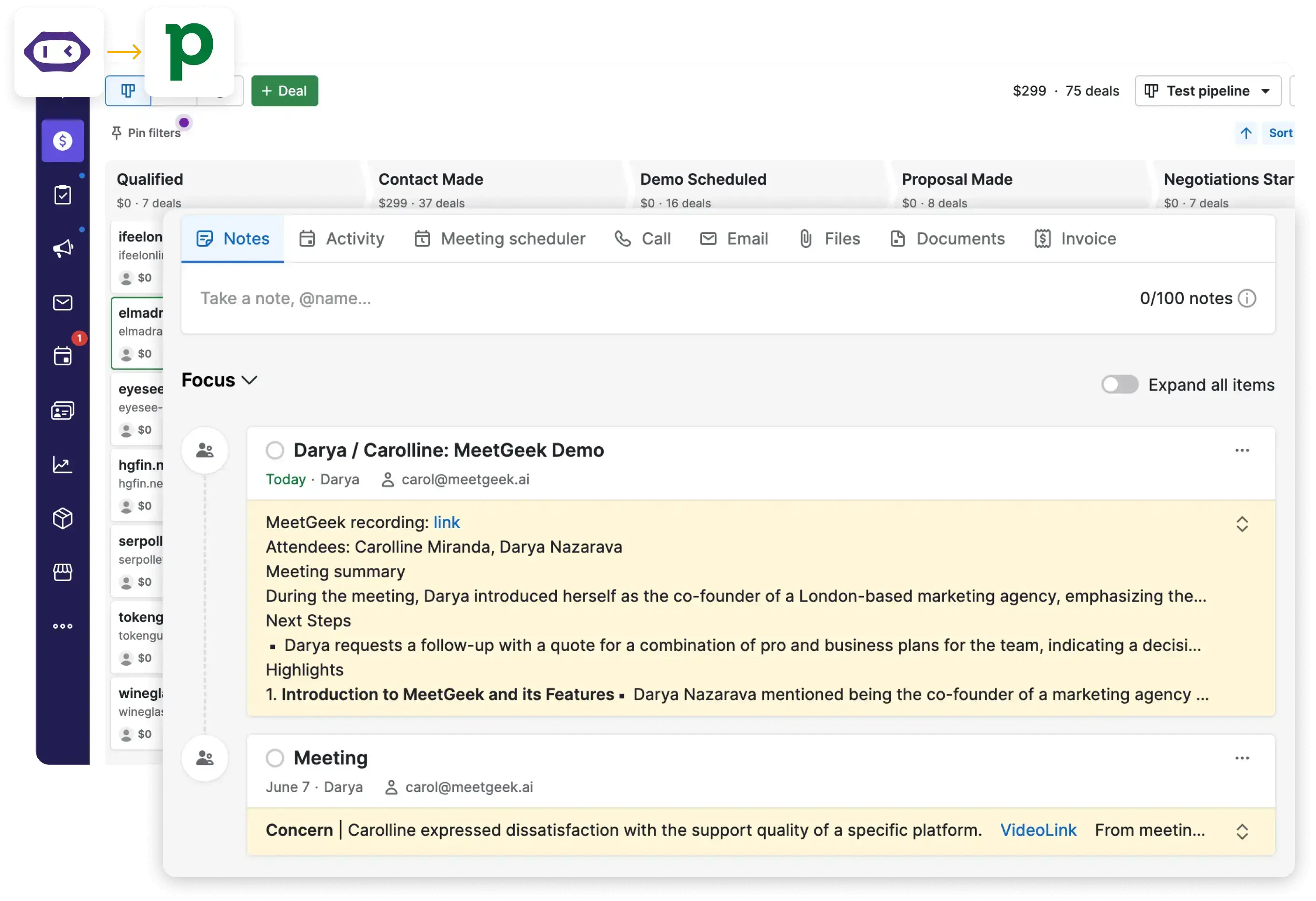 meeting notes in pipedrive crm