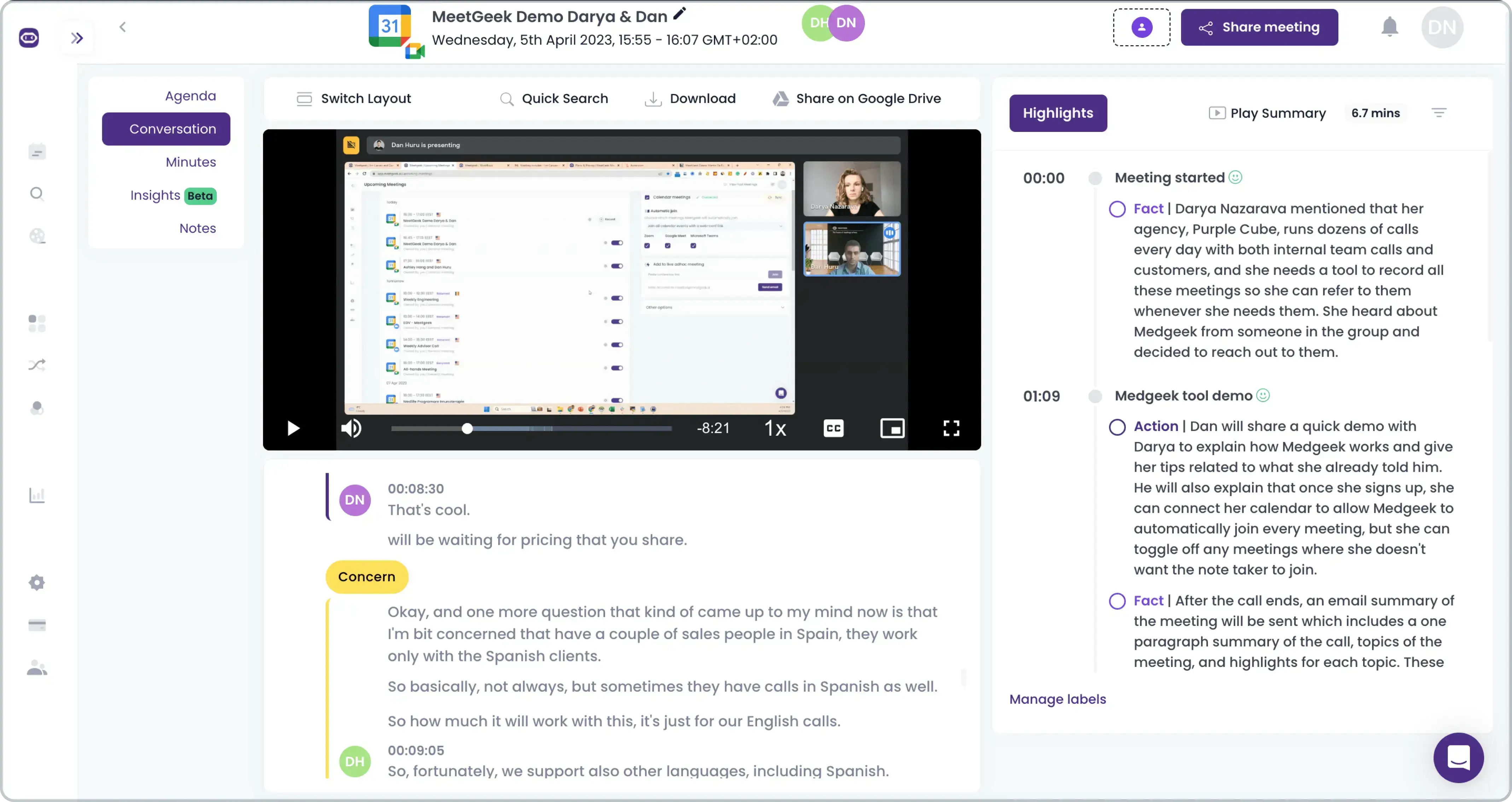 meetgeek transcription view