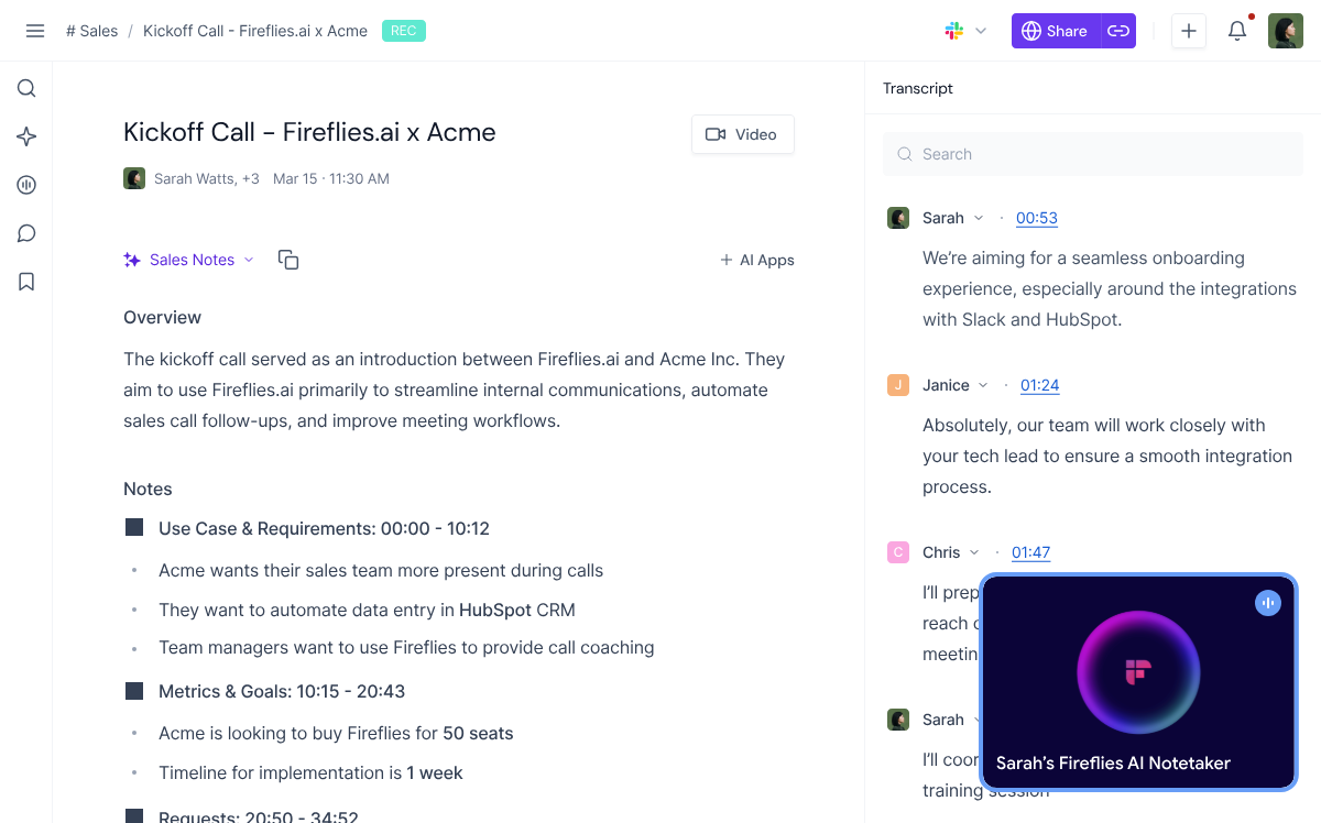 Fireflies AI meeting overview and transcript