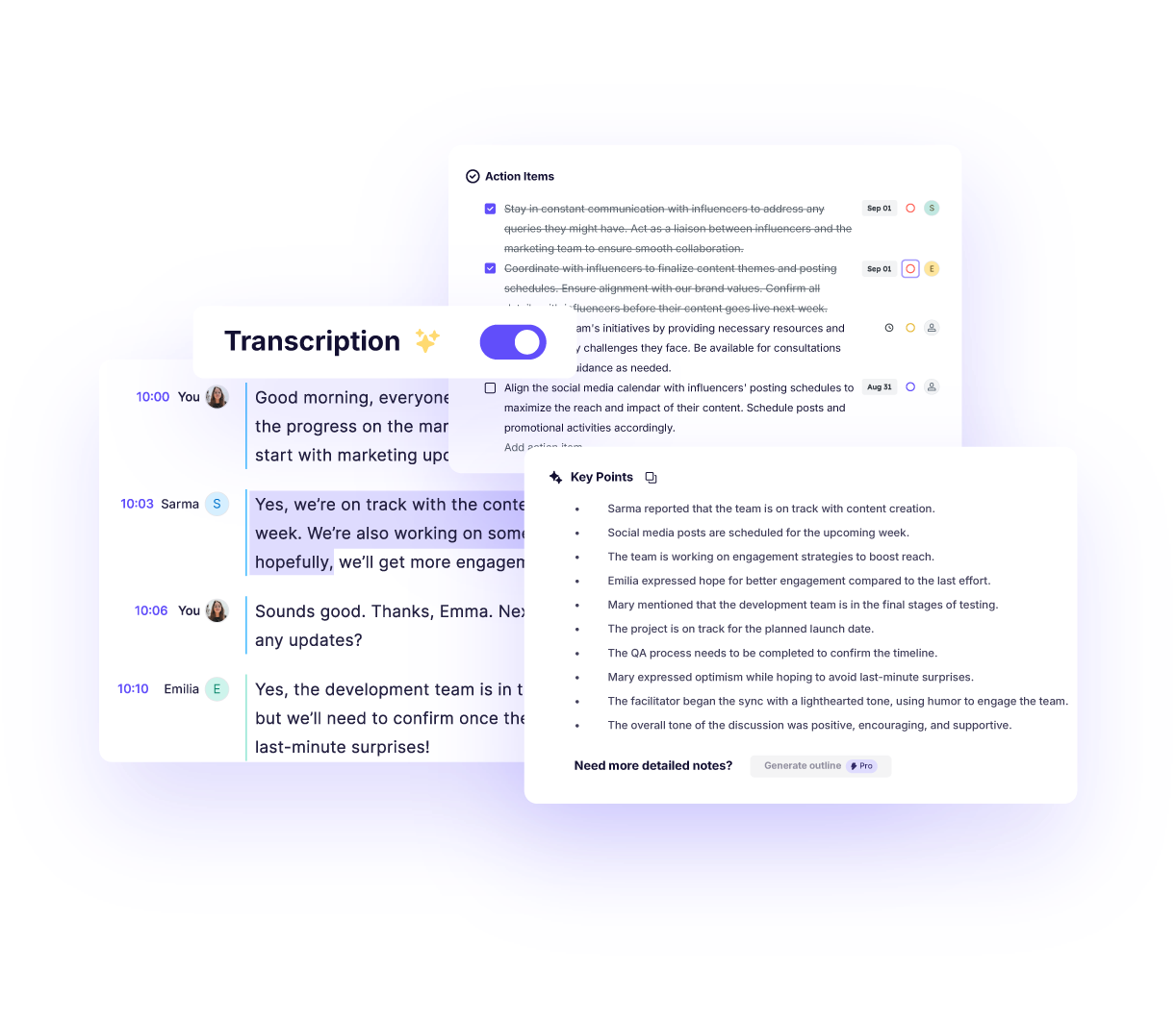 Krisp AI action items, key points, and transcription