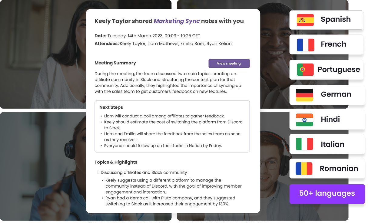 MeetGeek summary, next steps, topic and highlights, with supported languages